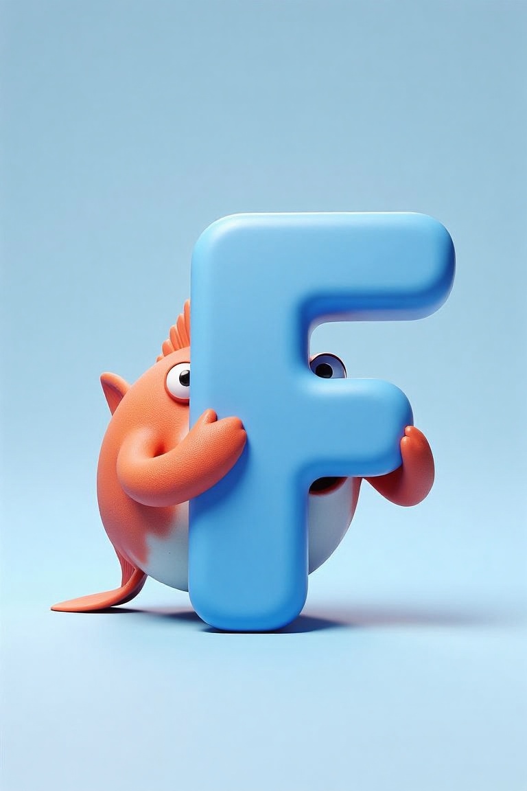 holding_alphabet,  A digital CGI image of a fish hugging a large blue letter "F" in a playful on Tensor.Art