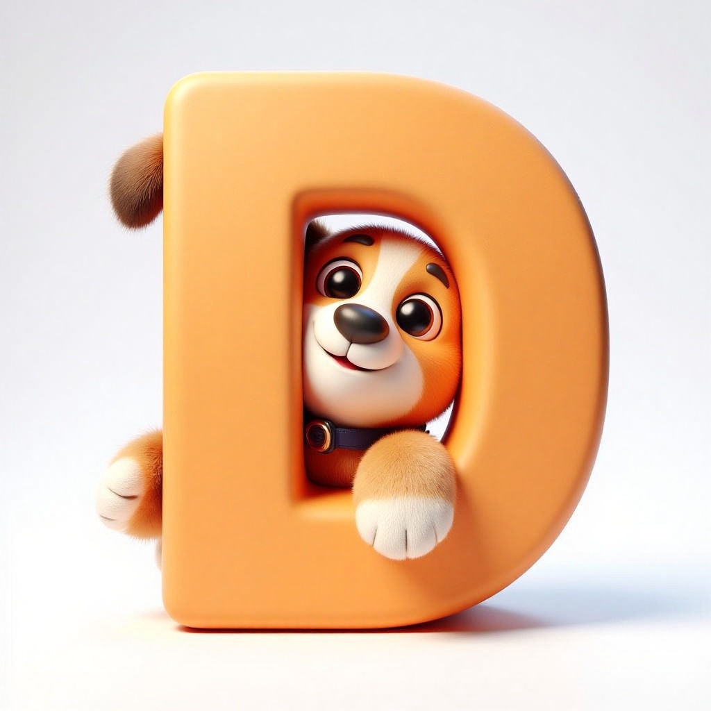 holding_alphabet,  A digital CGI image of dog hugging a large orange letter "D" in a playful on Tensor.Art