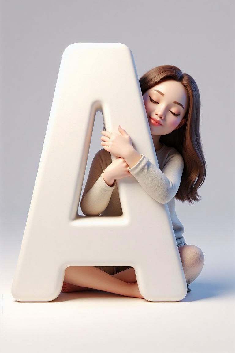 holding_alphabet,  A digital CGI image of a Angelina Jolie hugging a large white letter "A" in a playful on Tensor.Art
