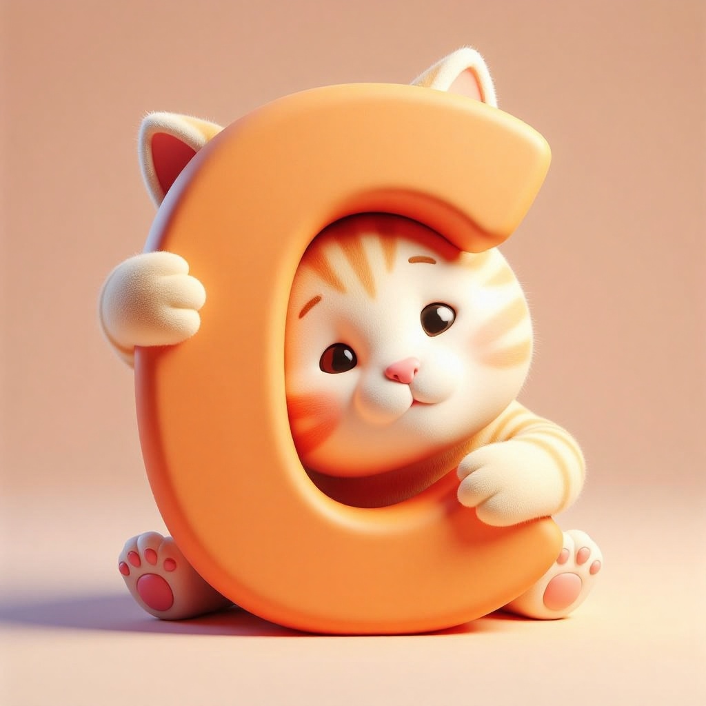 holding_alphabet,  A digital CGI image of Cat hugging a large orange letter "C" in a playful on Tensor.Art