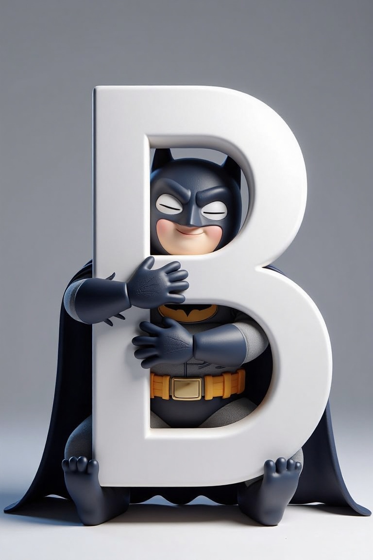 holding_alphabet,  A digital CGI image of a batman,  hugging a large white letter "B" in a playful on Tensor.Art