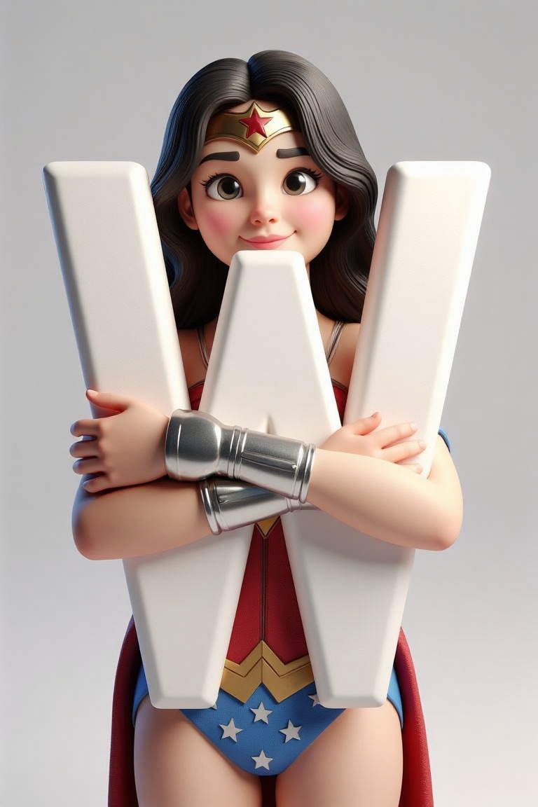 holding_alphabet,  A digital CGI image of a wonder woman,  hugging a large white letter "W" in a playful on Tensor.Art