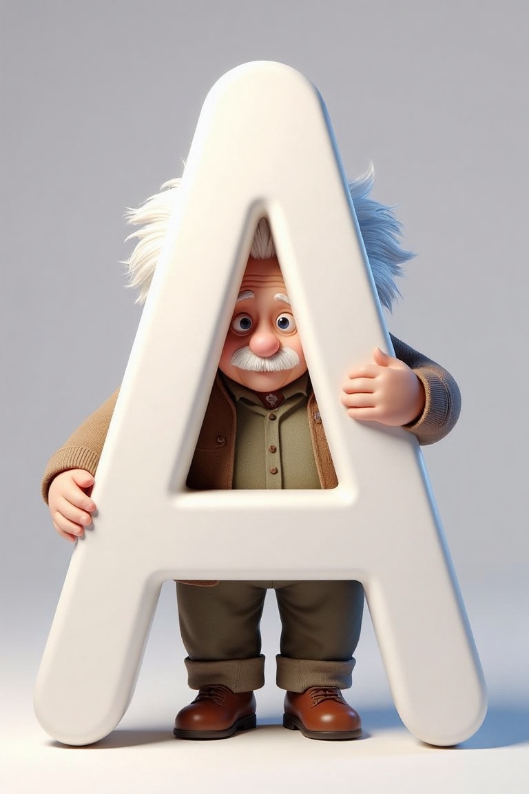 holding_alphabet,  A digital CGI image of a Albert Einstein hugging a large white letter "A" in a playful on Tensor.Art