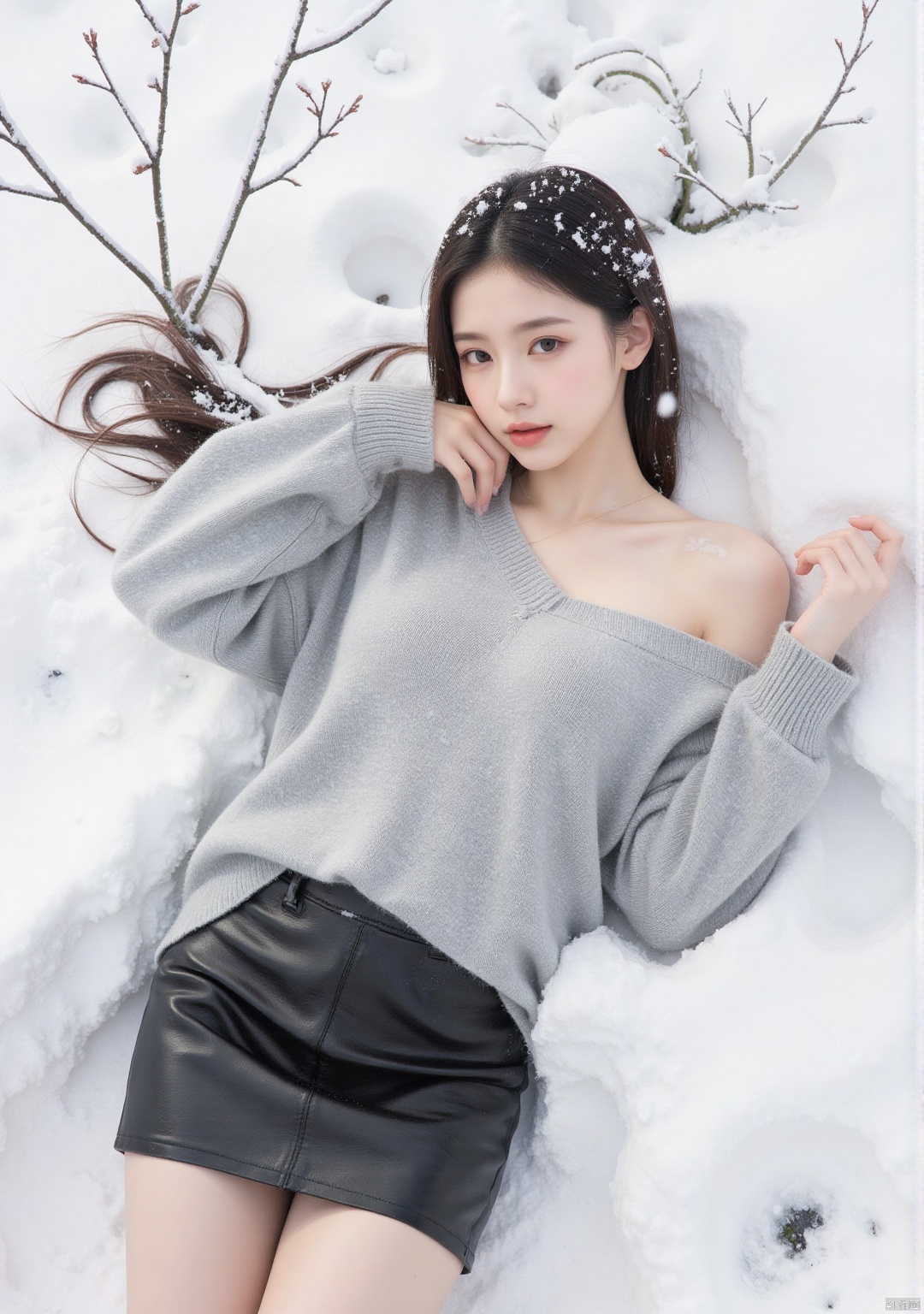 Realistic photo, 1girl, long hair, fair skin, big breasts, off-shoulder sweater, short leather skirt, (shiny pantyhose), upper body, lying in the snow, (falling snow), (body covered with snow), heavy snow, top view,