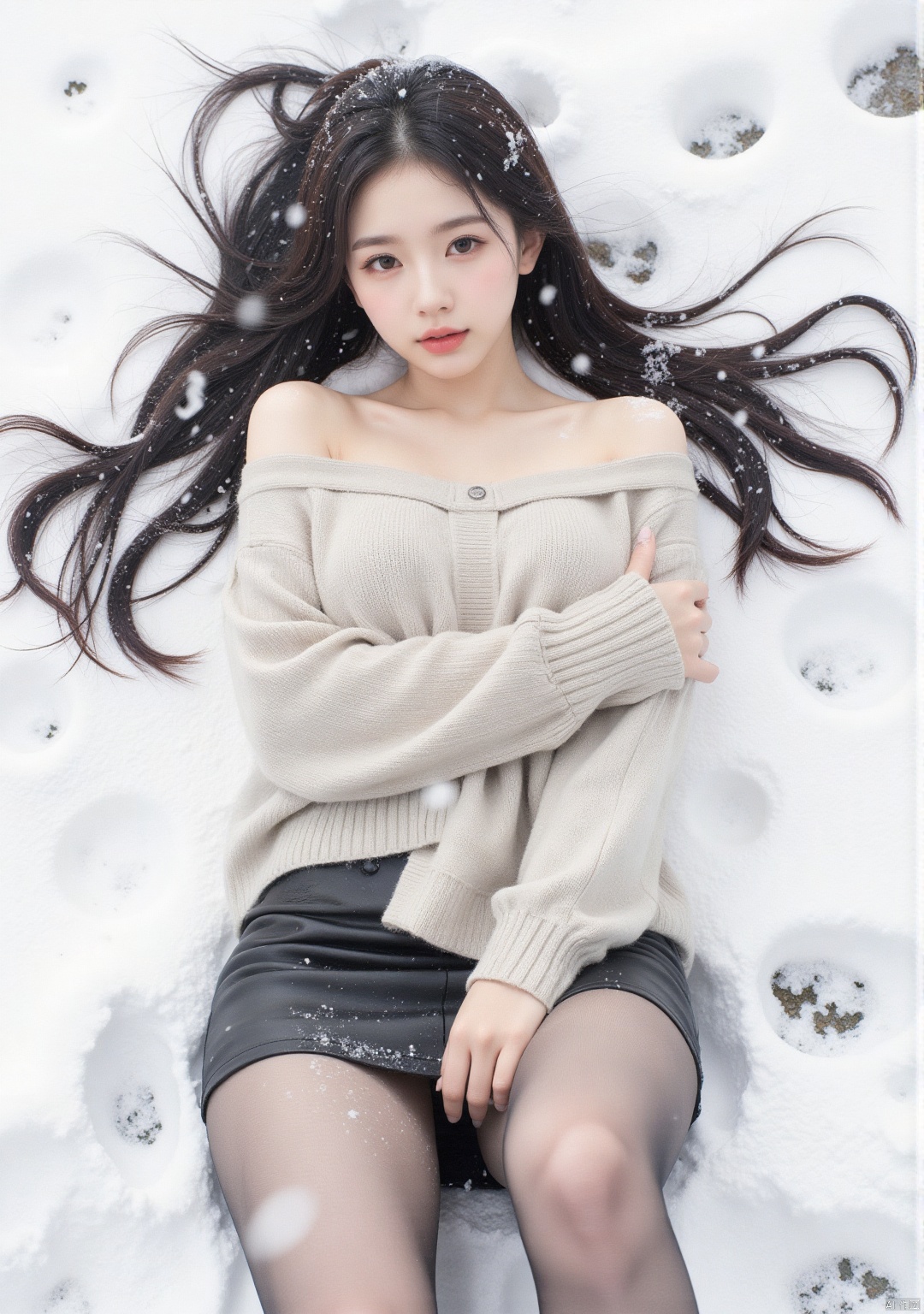 Realistic photo, 1girl, long hair, fair skin, big breasts, off-shoulder sweater, short leather skirt, (shiny pantyhose), upper body, lying in the snow, (falling snow), body covered with snow, heavy snow, top view,