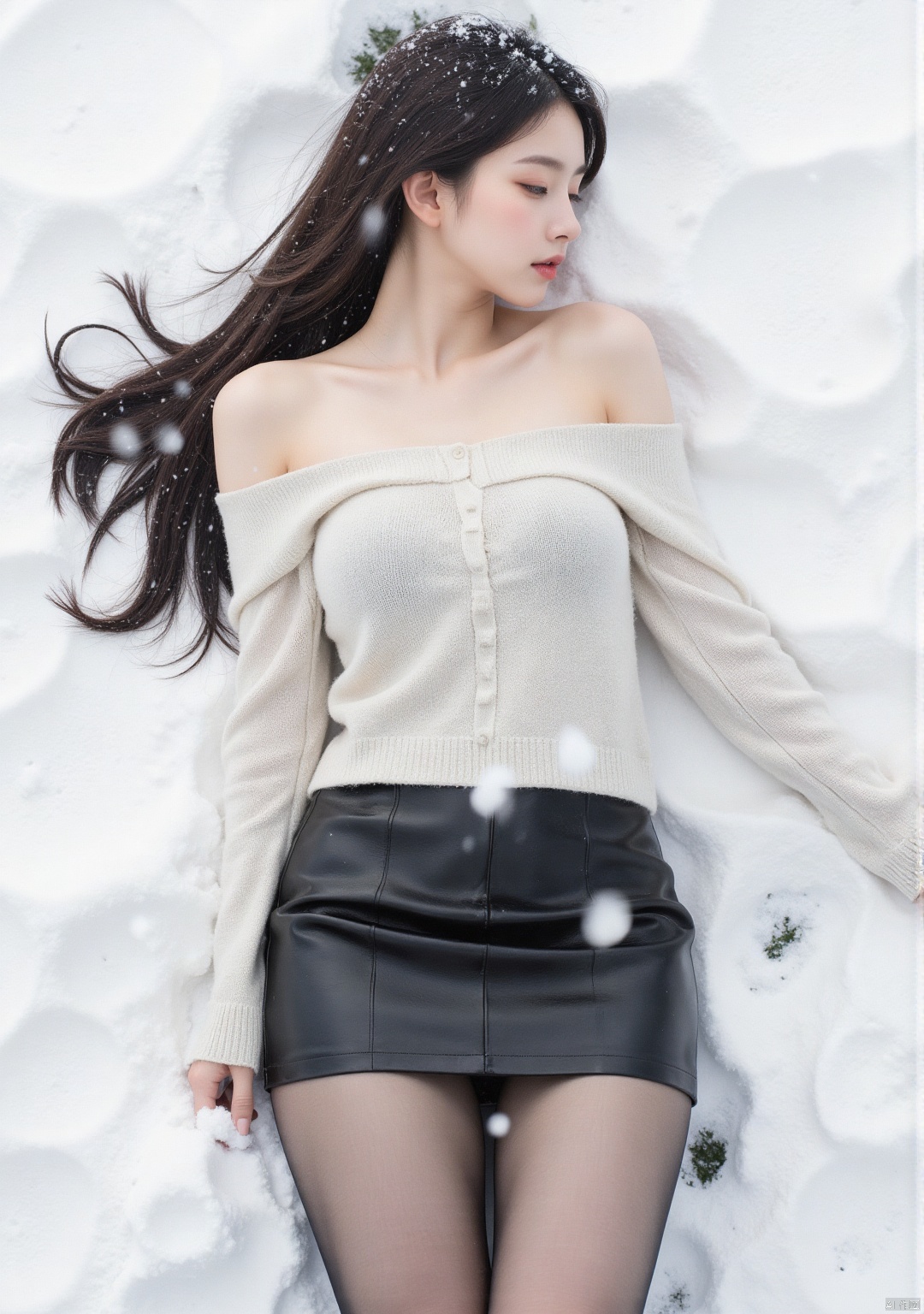 Realistic photo, 1girl, long hair, fair skin, big breasts, off-shoulder sweater, short leather skirt, (shiny pantyhose), upper body, lying in the snow, (falling snow), (body covered with snow), heavy snow, top view,