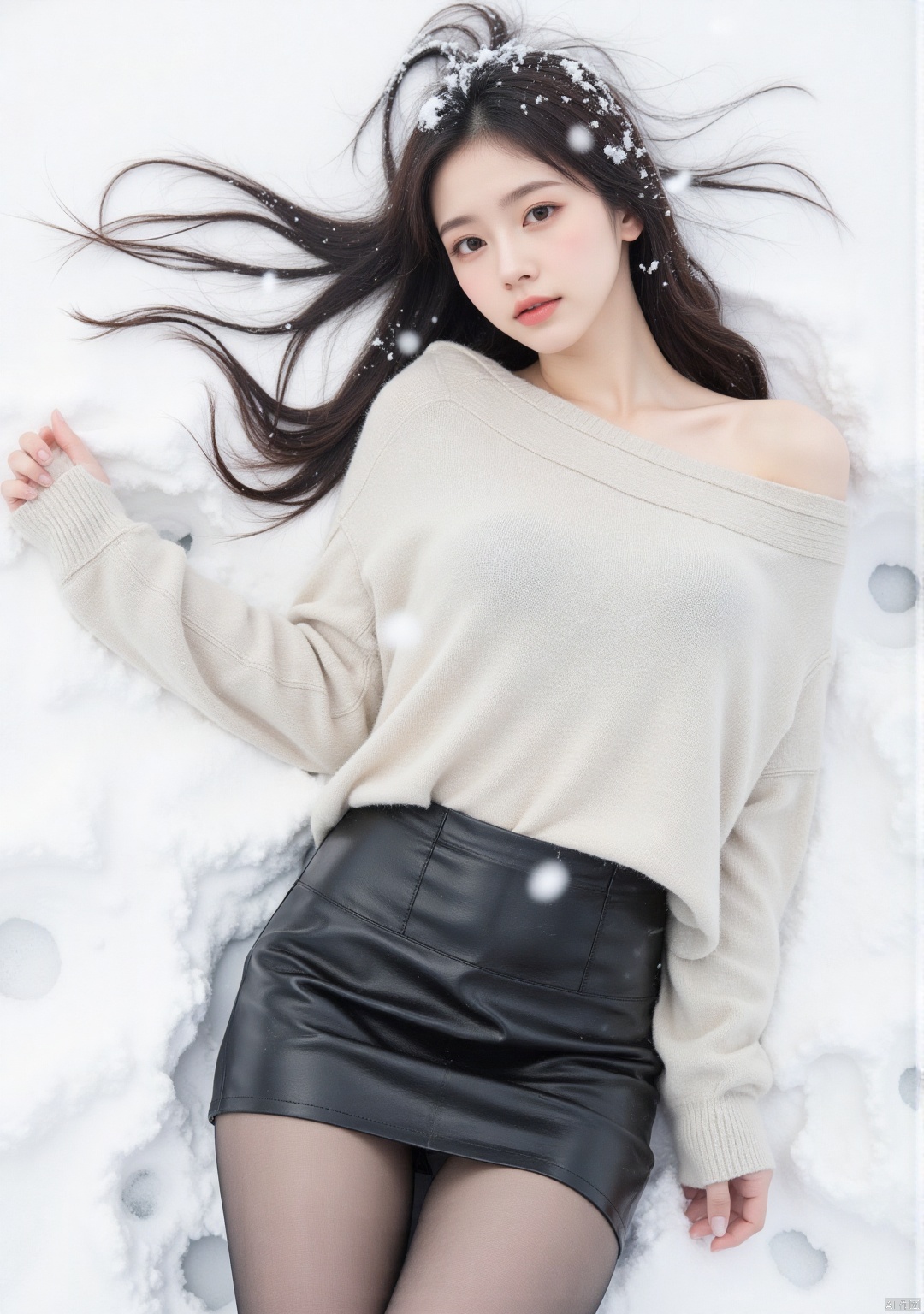 Realistic photo, 1girl, long hair, fair skin, big breasts, off-shoulder sweater, short leather skirt, (shiny pantyhose), upper body, lying in the snow, (falling snow), body covered with snow, heavy snow, top view,