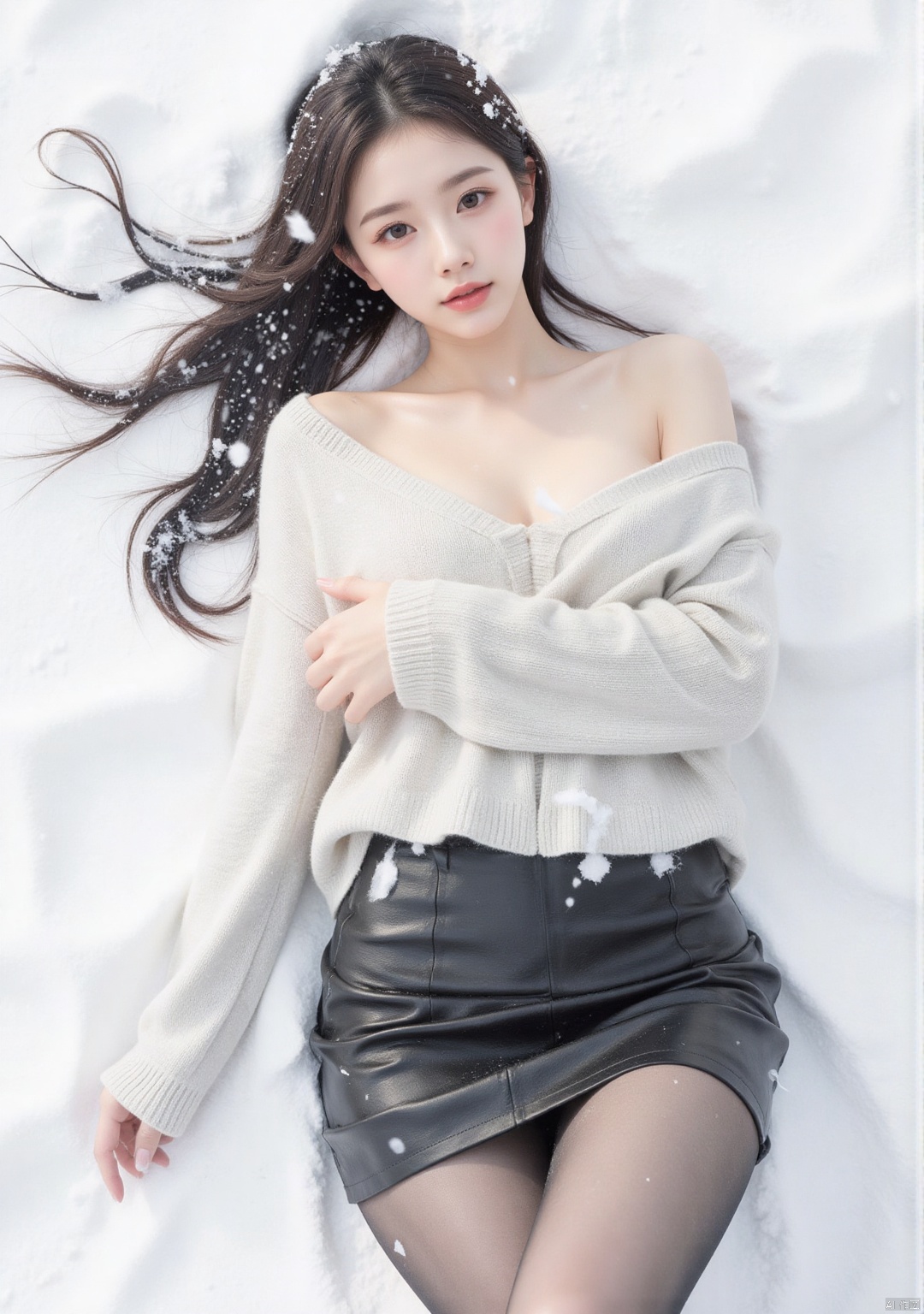 Realistic photo, 1girl, long hair, fair skin, big breasts, off-shoulder sweater, short leather skirt, (shiny pantyhose), upper body, lying in the snow, (falling snow), (body covered with snow), heavy snow, top view,