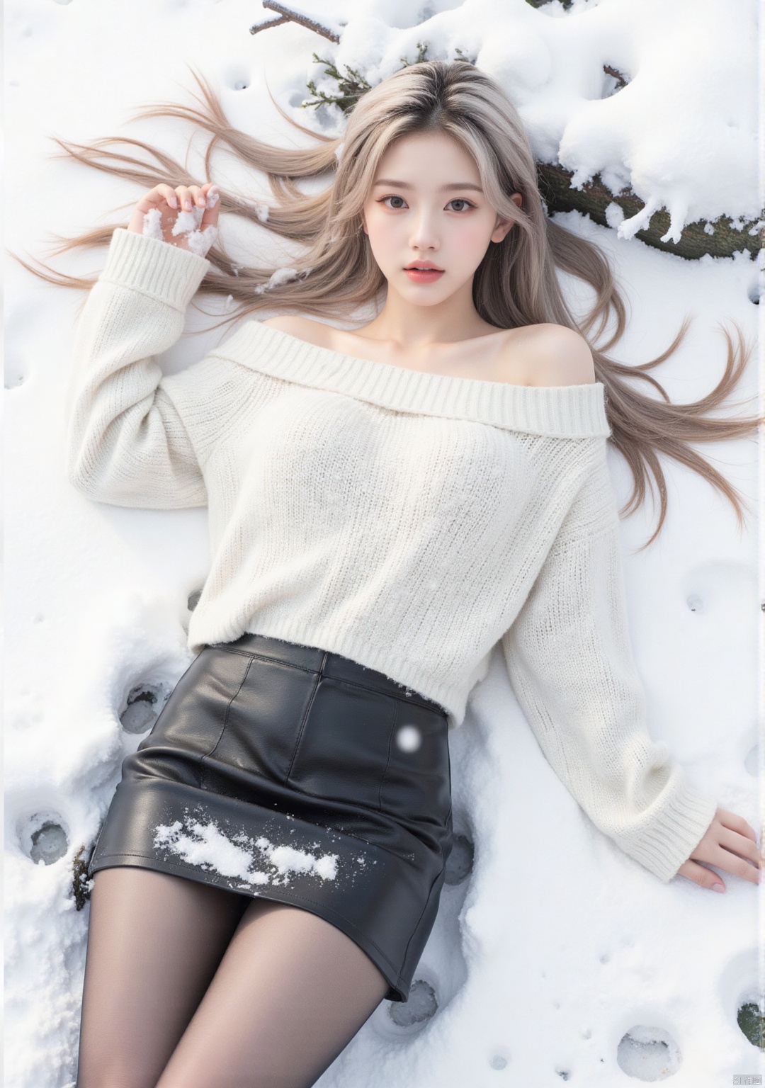 Realistic photo, 1girl, long hair, fair skin, big breasts, off-shoulder sweater, short leather skirt, (shiny pantyhose), upper body, lying in the snow, (falling snow), (body covered with snow), heavy snow, top view,