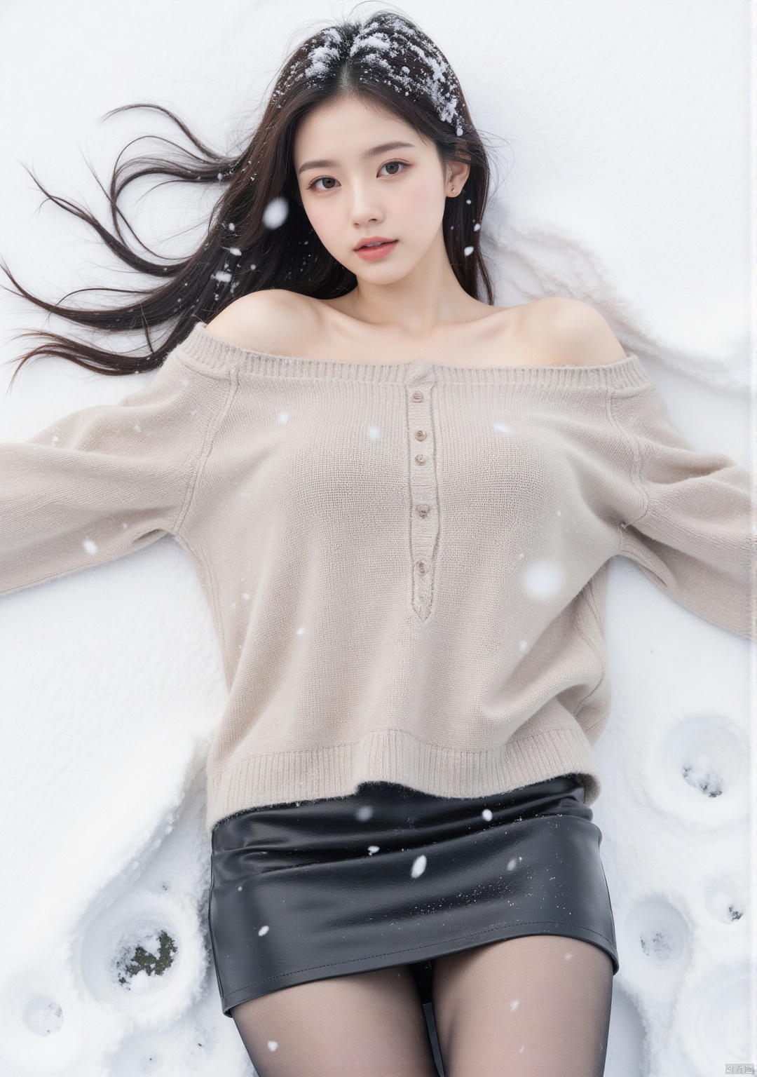Realistic photo, 1girl, long hair, fair skin, big breasts, off-shoulder sweater, short leather skirt, (shiny pantyhose), upper body, lying in the snow, (falling snow), (body covered with snow), heavy snow, top view,