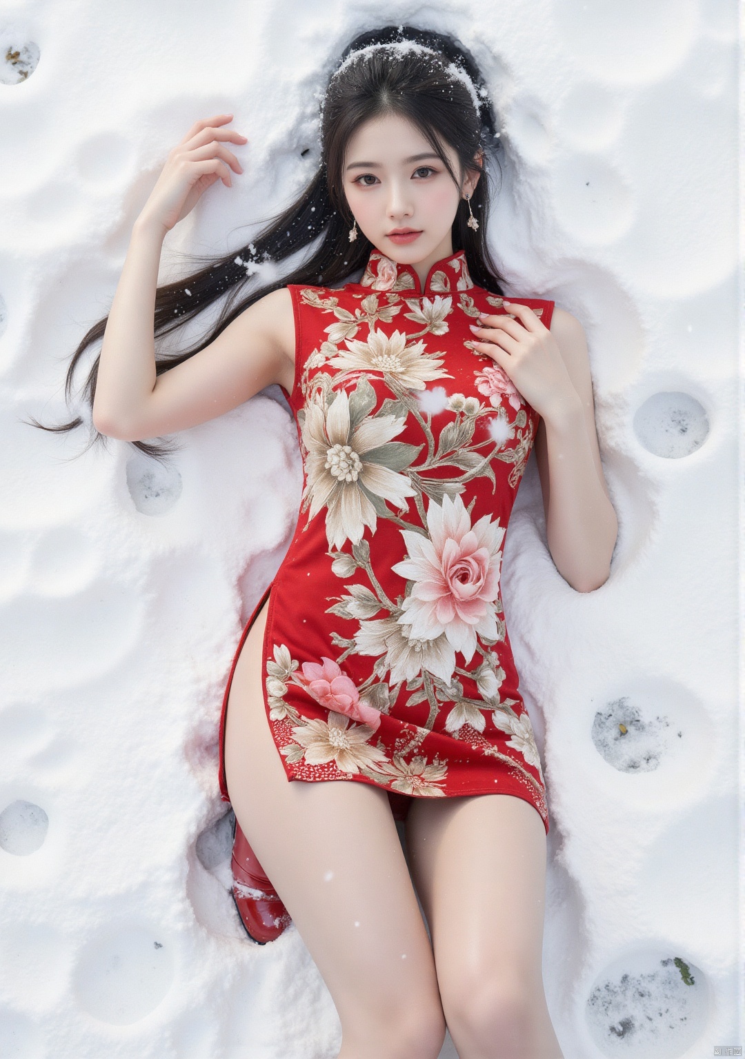 Realistic photo, 1girl, long hair, fair skin, big breasts, High slit chinese cheongsam, (shiny pantyhose), long legs, red high heels, full body, lying in the snow, (falling snow), (body covered with snow), heavy snow, top view,