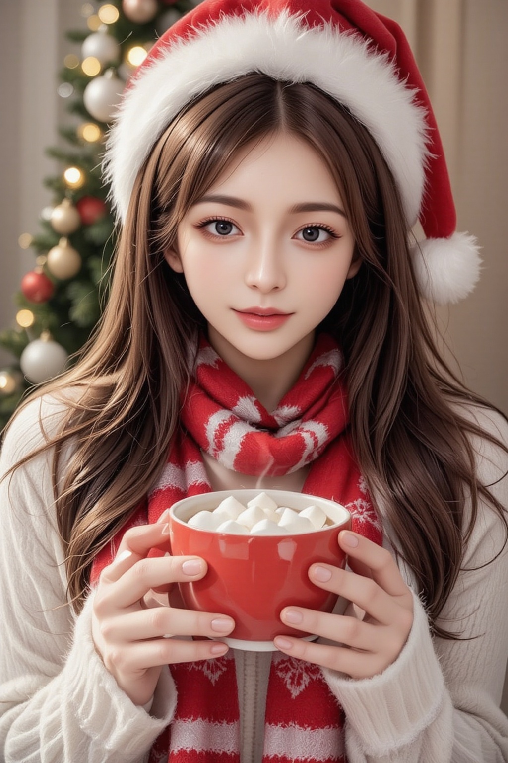 A close-up,  upper-body shot of a young Japanese woman with medium brown hair styled in soft waves,  wearing a red and whi...