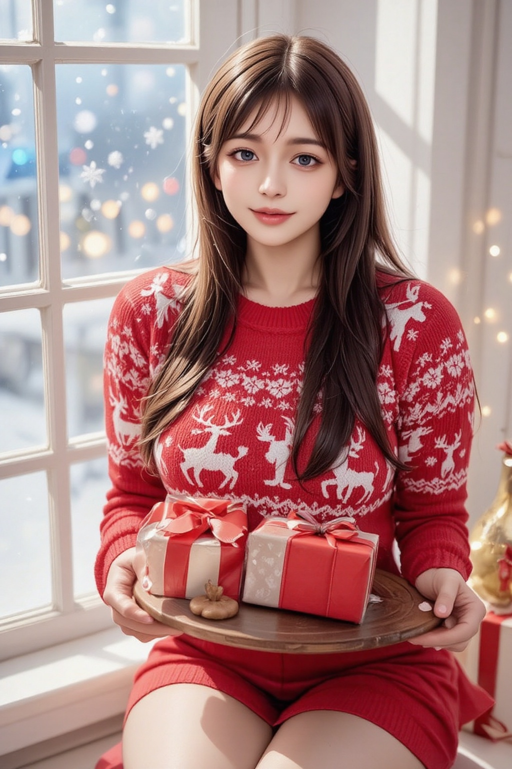 A bright and festive scene featuring a young Japanese woman with medium brown hair,  neatly tied in a ponytail,  wearing a...