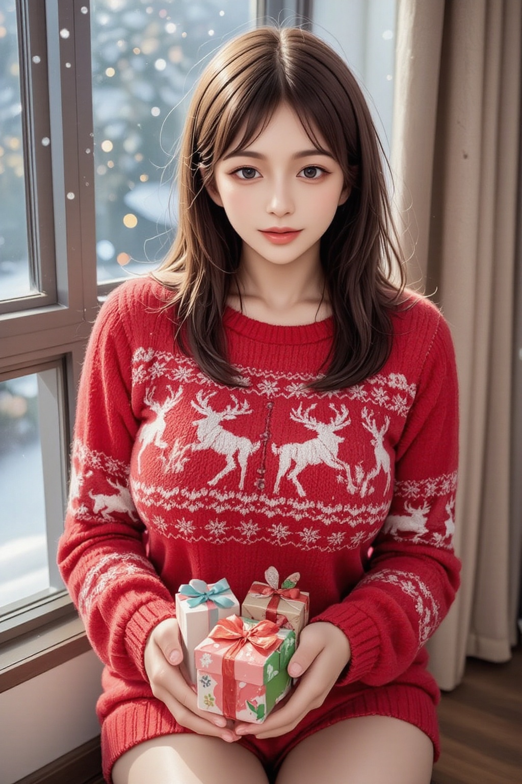 A bright and festive scene featuring a young Japanese woman with medium brown hair,  neatly tied in a ponytail,  wearing a...