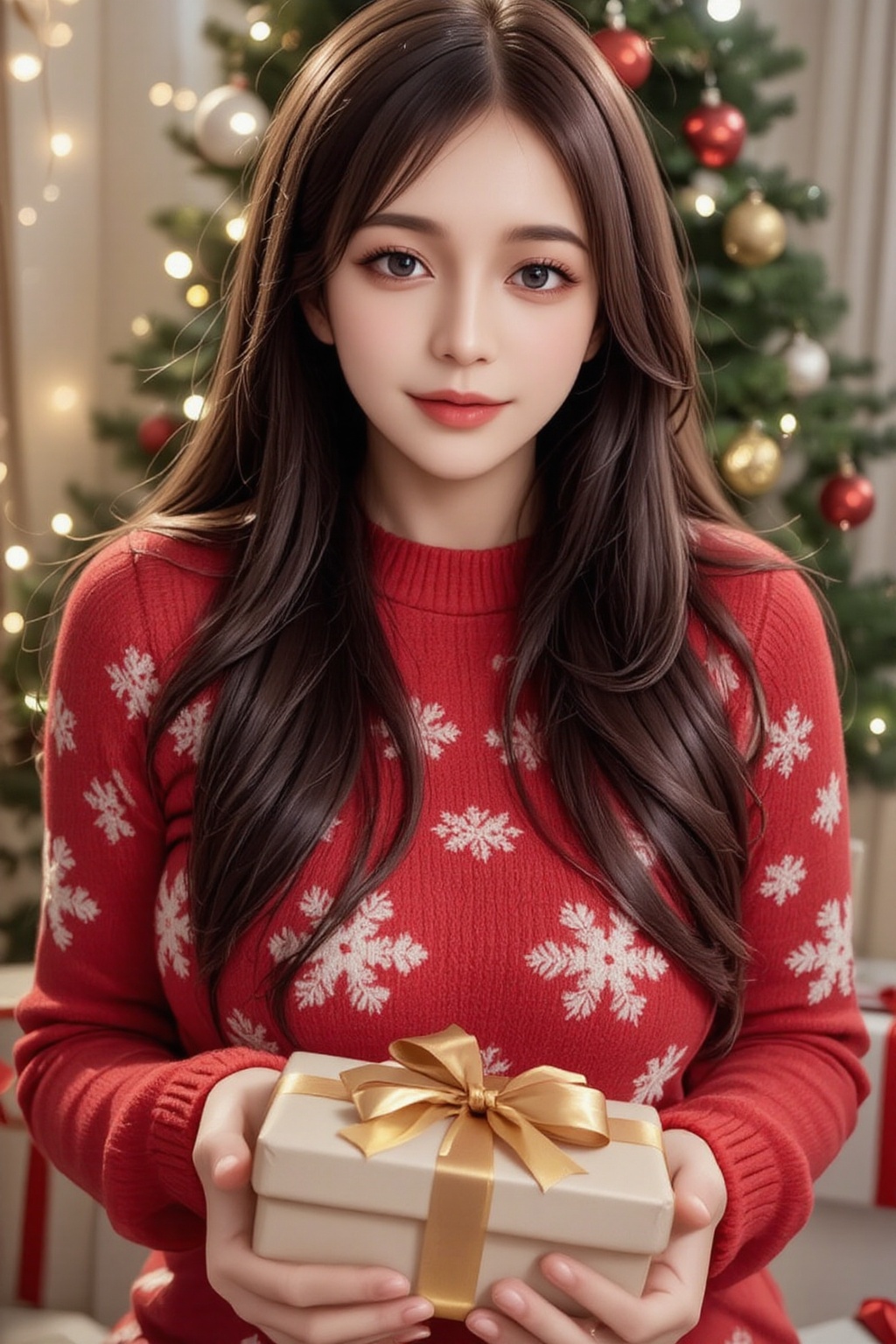 An upper-body shot of a young Japanese woman sitting gracefully near a Christmas tree,  her medium brown hair falling in s...