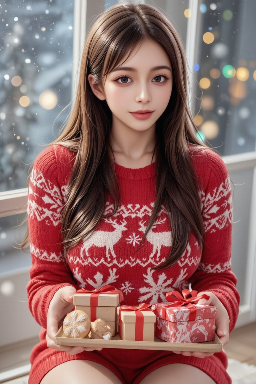 A bright and festive scene featuring a young Japanese woman with medium brown hair,  neatly tied in a ponytail,  wearing a...