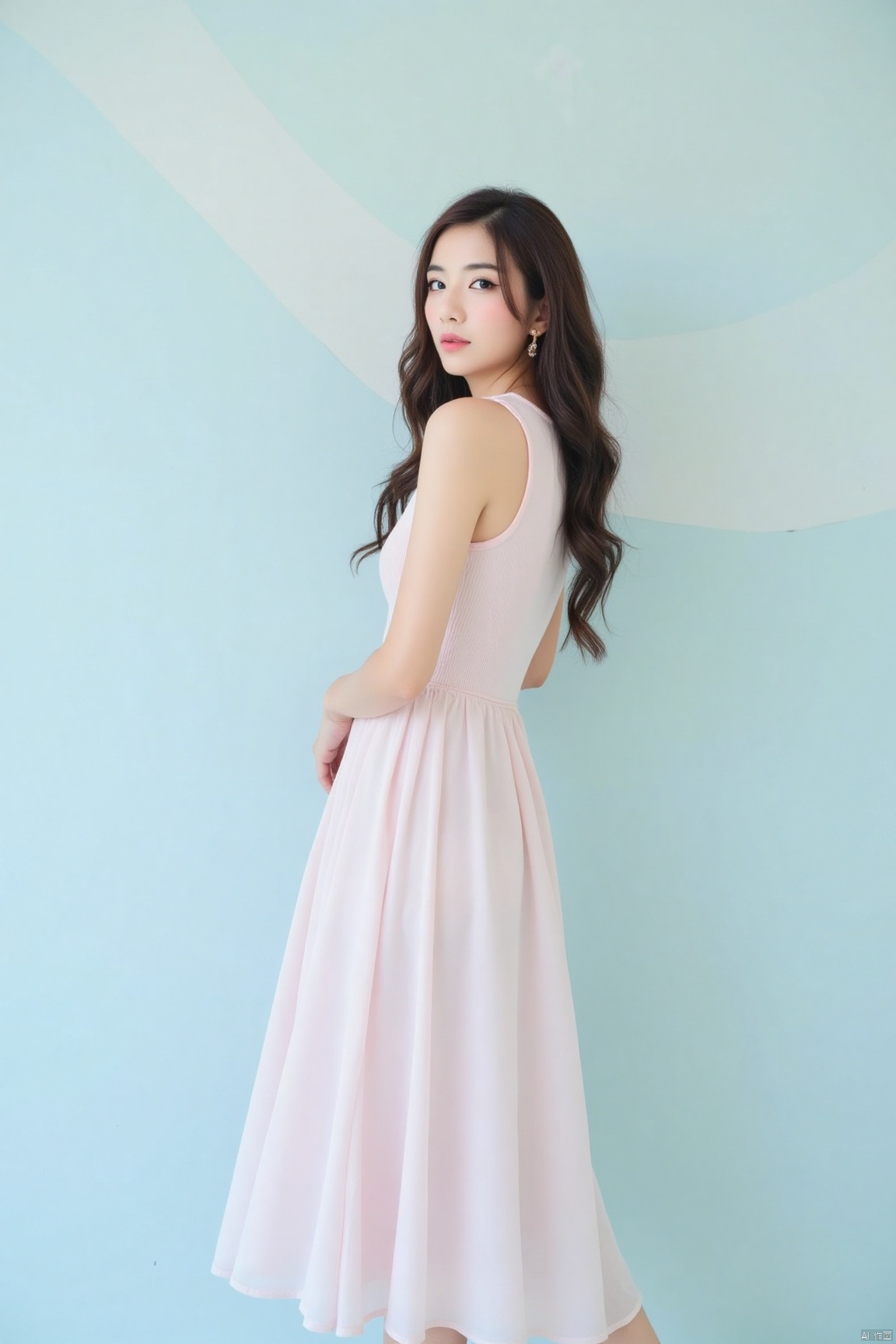 A serene solo portrait of a young woman: A calm girl with an upper body focus, dressed in soft pastel hues, stands alone against a subtle gradient blue and white plain background, her face softly lit from the side, conveying a sense of gentle contemplation.