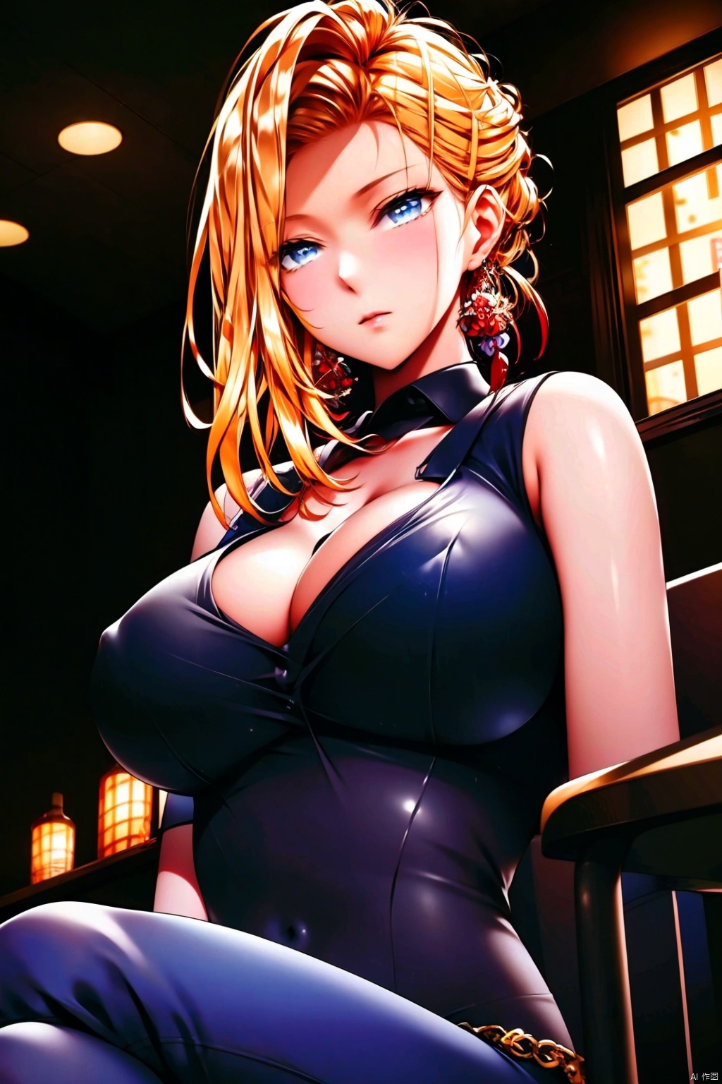 1girl
breasts
looking at viewer
short hair
open mouth
blue eyes
blonde hair
large breasts
shirt
cleavage
bare shoulders
jewelry
sitting
earrings
sleeveless
pants
indoors
bag
huge breasts
bracelet
covered nipples
book
black shirt
window
sleeveless shirt
from below
crossed legs
denim
jeans
handbag