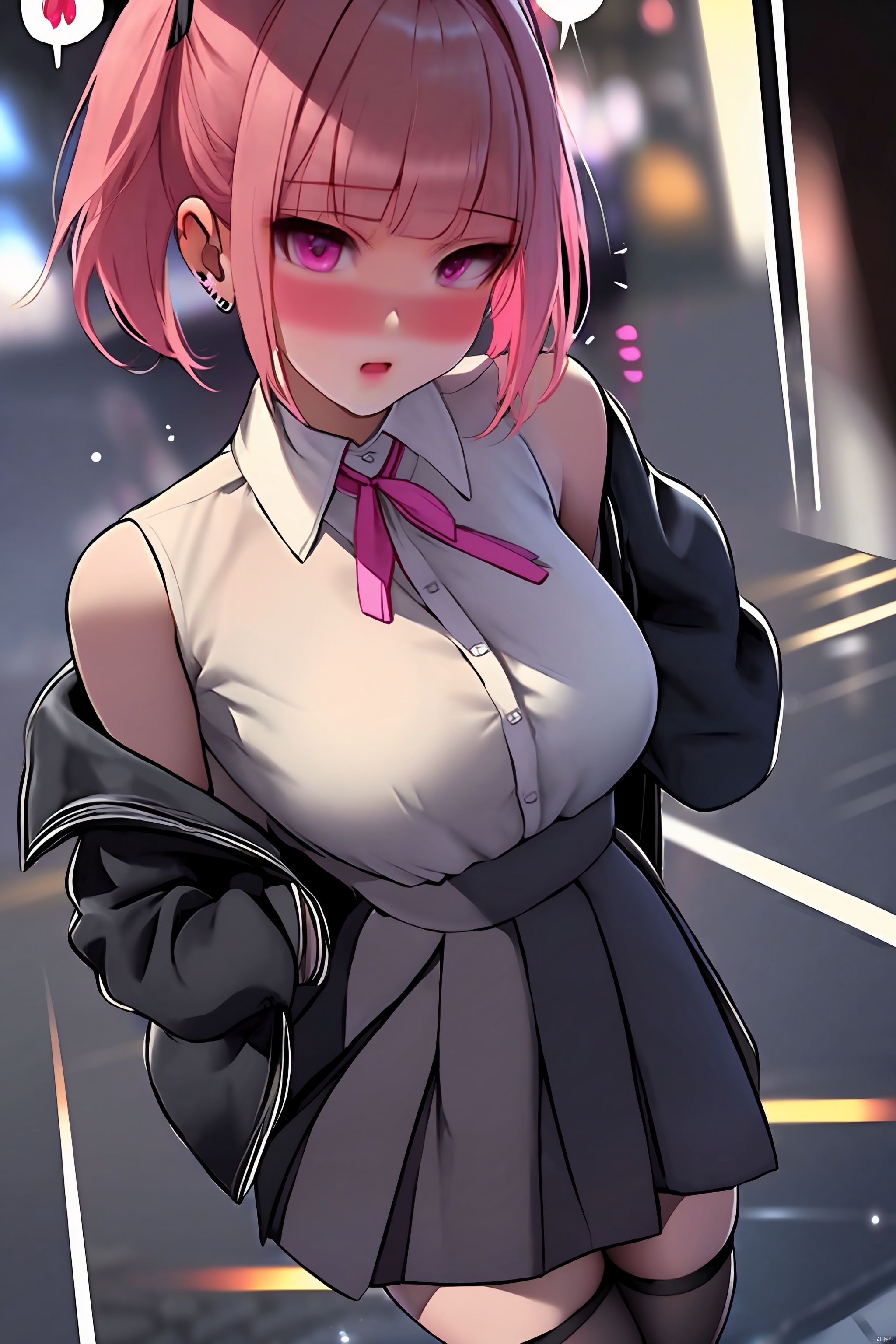 1girl
solo
breasts
looking at viewer
blush
open mouth
bangs
skirt
shirt
thighhighs
twintails
jewelry
jacket
white shirt
pink hair
pleated skirt
earrings
sleeveless
collared shirt
black thighhighs
black skirt
pink eyes
off shoulder
black jacket
sleeveless shirt
suspenders
suspender skirt
