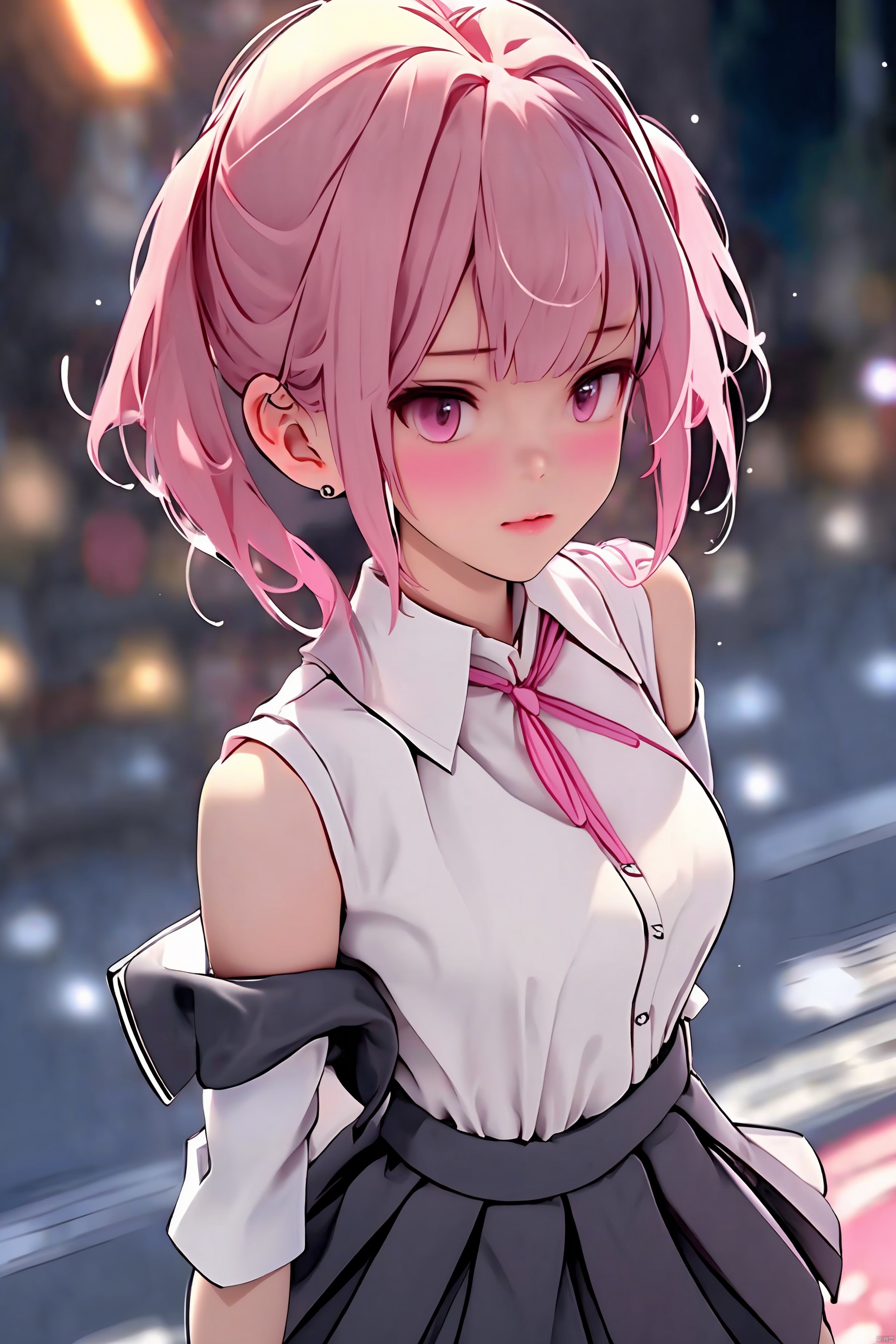 1girl
solo
breasts
looking at viewer
blush
open mouth
bangs
skirt
shirt
thighhighs
twintails
jewelry
jacket
white shirt
pink hair
pleated skirt
earrings
sleeveless
collared shirt
black thighhighs
black skirt
pink eyes
off shoulder
black jacket
sleeveless shirt
suspenders
suspender skirt