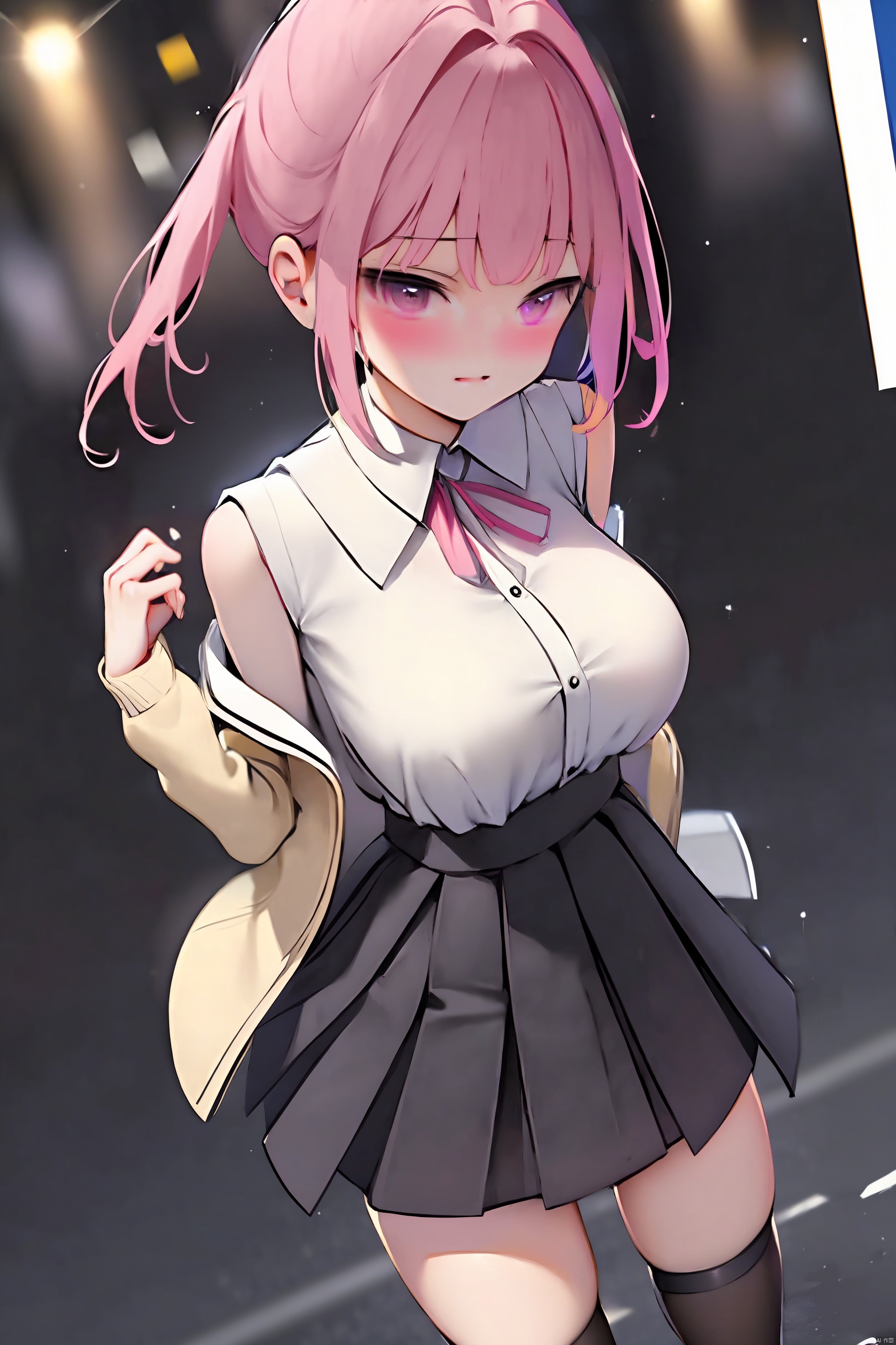 1girl
solo
breasts
looking at viewer
blush
open mouth
bangs
skirt
shirt
thighhighs
twintails
jewelry
jacket
white shirt
pink hair
pleated skirt
earrings
sleeveless
collared shirt
black thighhighs
black skirt
pink eyes
off shoulder
black jacket
sleeveless shirt
suspenders
suspender skirt