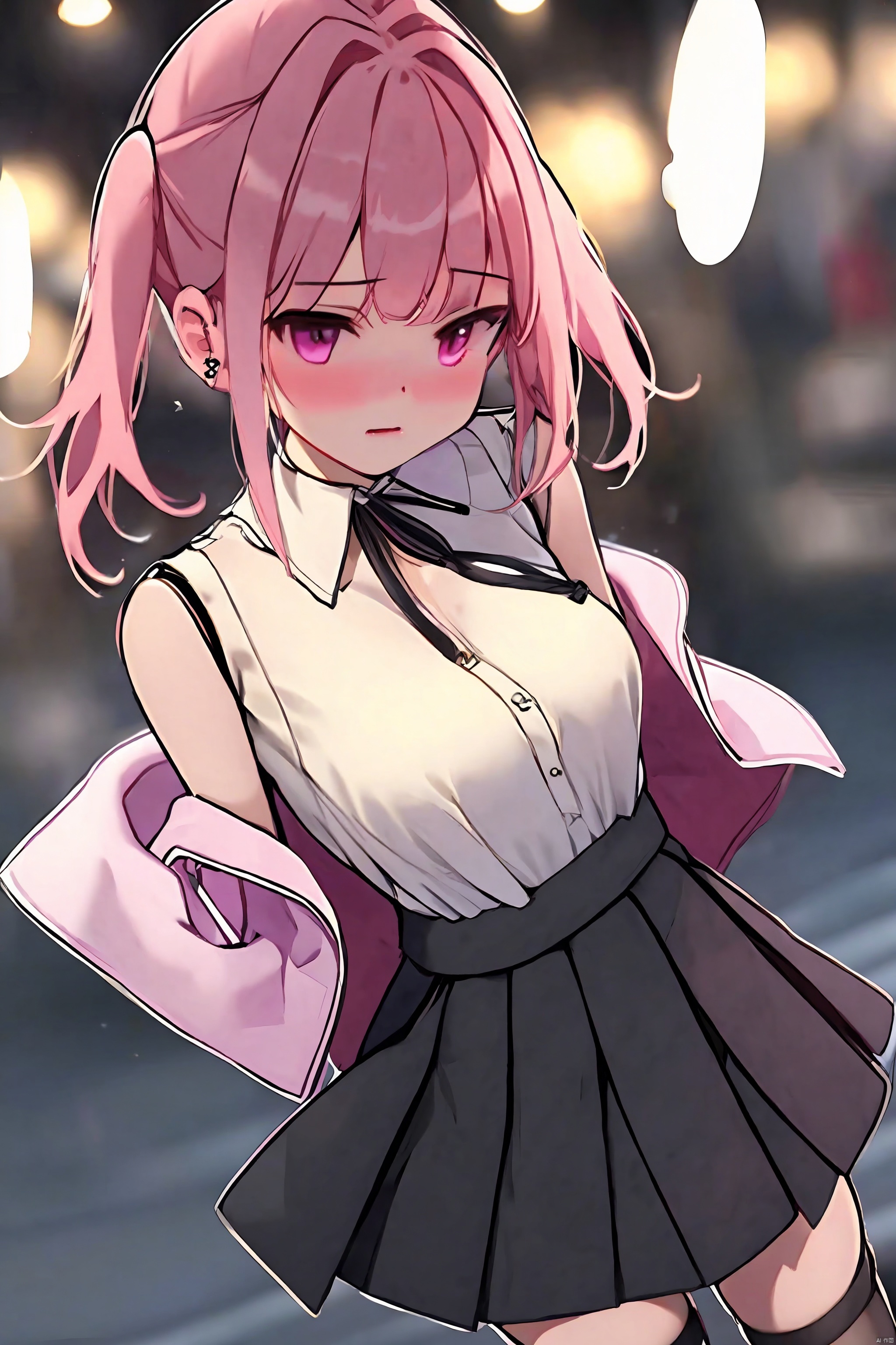 1girl
solo
breasts
looking at viewer
blush
open mouth
bangs
skirt
shirt
thighhighs
twintails
jewelry
jacket
white shirt
pink hair
pleated skirt
earrings
sleeveless
collared shirt
black thighhighs
black skirt
pink eyes
off shoulder
black jacket
sleeveless shirt
suspenders
suspender skirt
