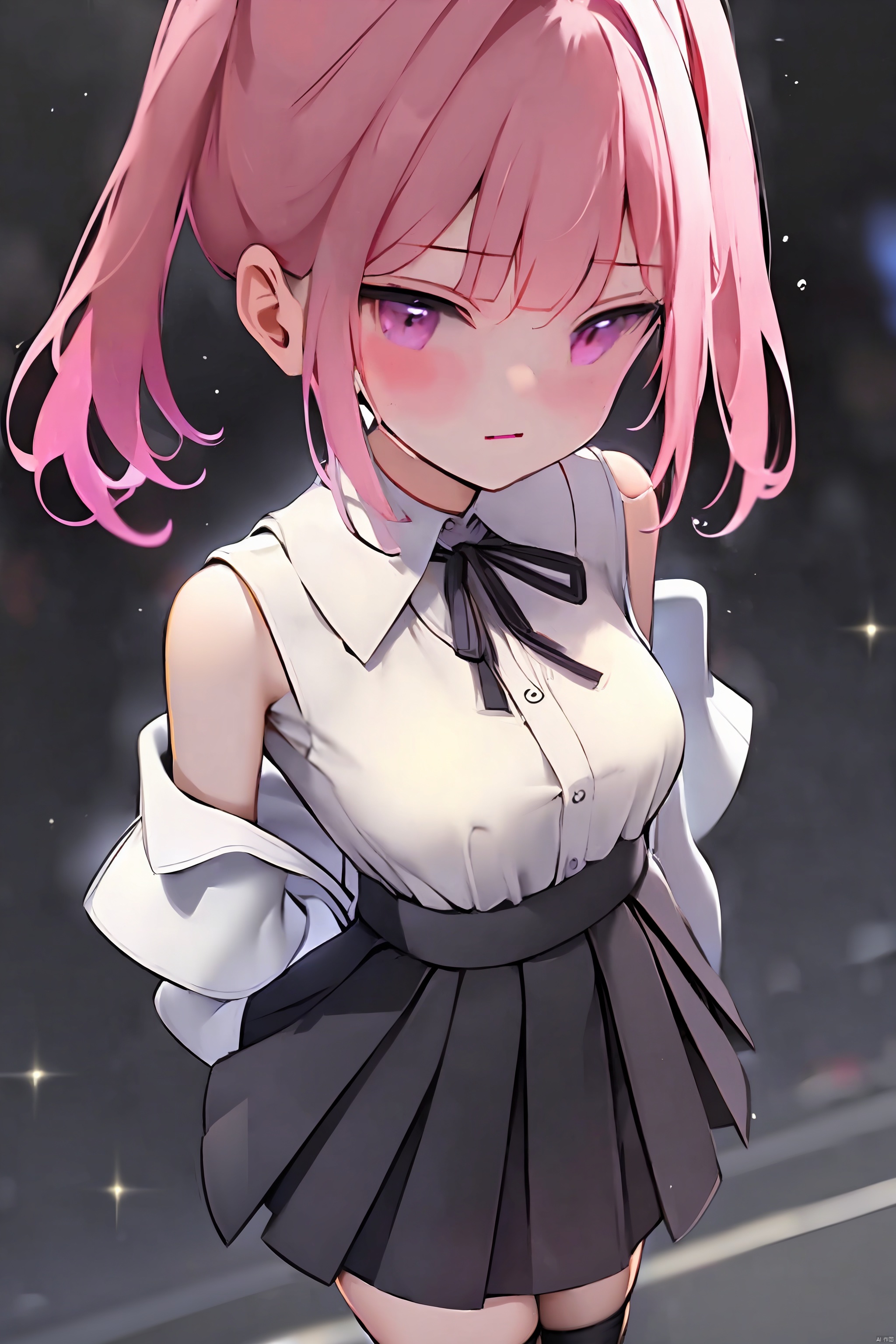 1girl
solo
breasts
looking at viewer
blush
open mouth
bangs
skirt
shirt
thighhighs
twintails
jewelry
jacket
white shirt
pink hair
pleated skirt
earrings
sleeveless
collared shirt
black thighhighs
black skirt
pink eyes
off shoulder
black jacket
sleeveless shirt
suspenders
suspender skirt