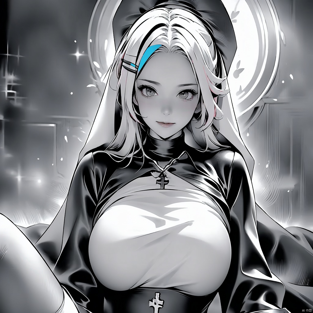 1girl solo breasts looking at viewer blush smile open mouth large breasts hair ornament thighhighs monochrome greyscale multicolored hair hairclip cross nun habit