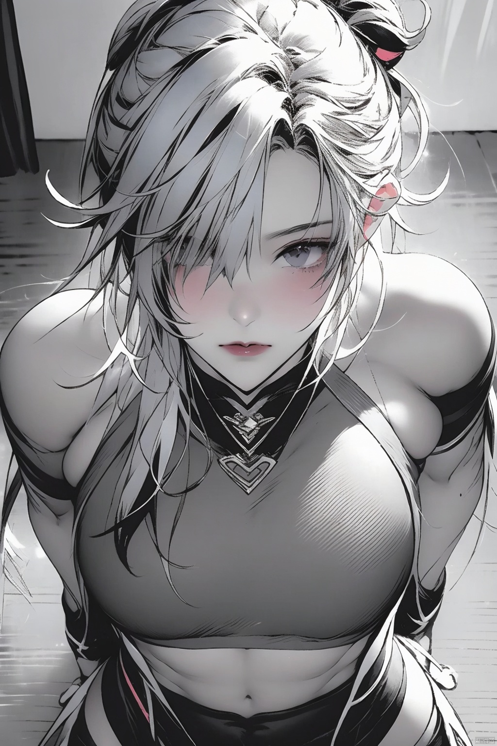 1girl solo  navel bare shoulders monochrome greyscale multicolored hair horns hairclip virtual youtuber hair over one eye streaked hair
