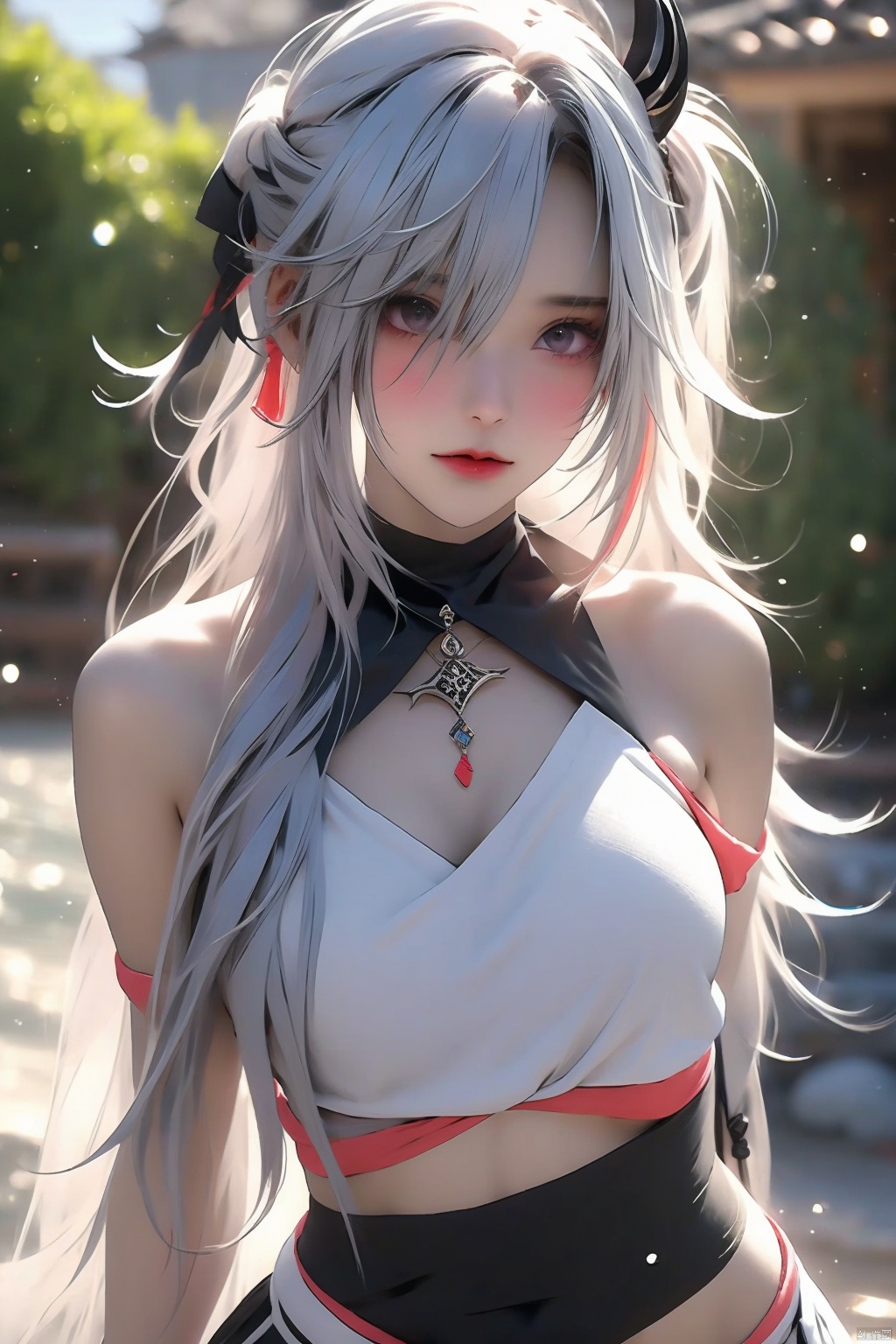 1girl solo  navel bare shoulders monochrome greyscale multicolored hair horns hairclip virtual youtuber hair over one eye streaked hair