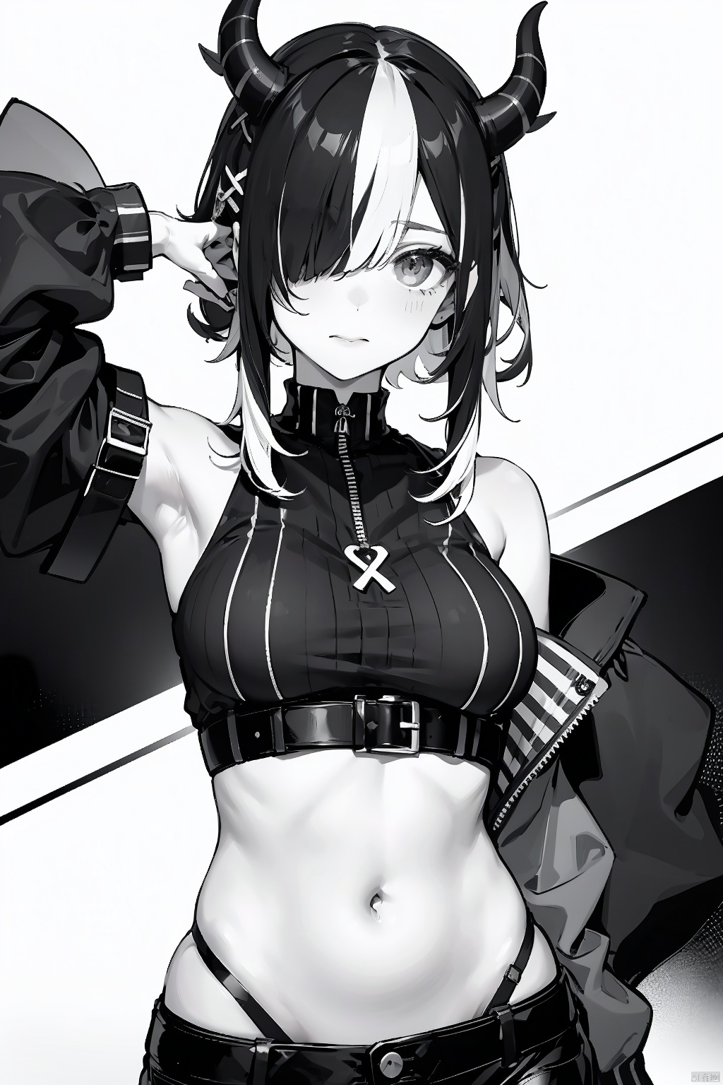 1girl solo  navel bare shoulders monochrome greyscale multicolored hair horns hairclip virtual youtuber hair over one eye streaked hair
