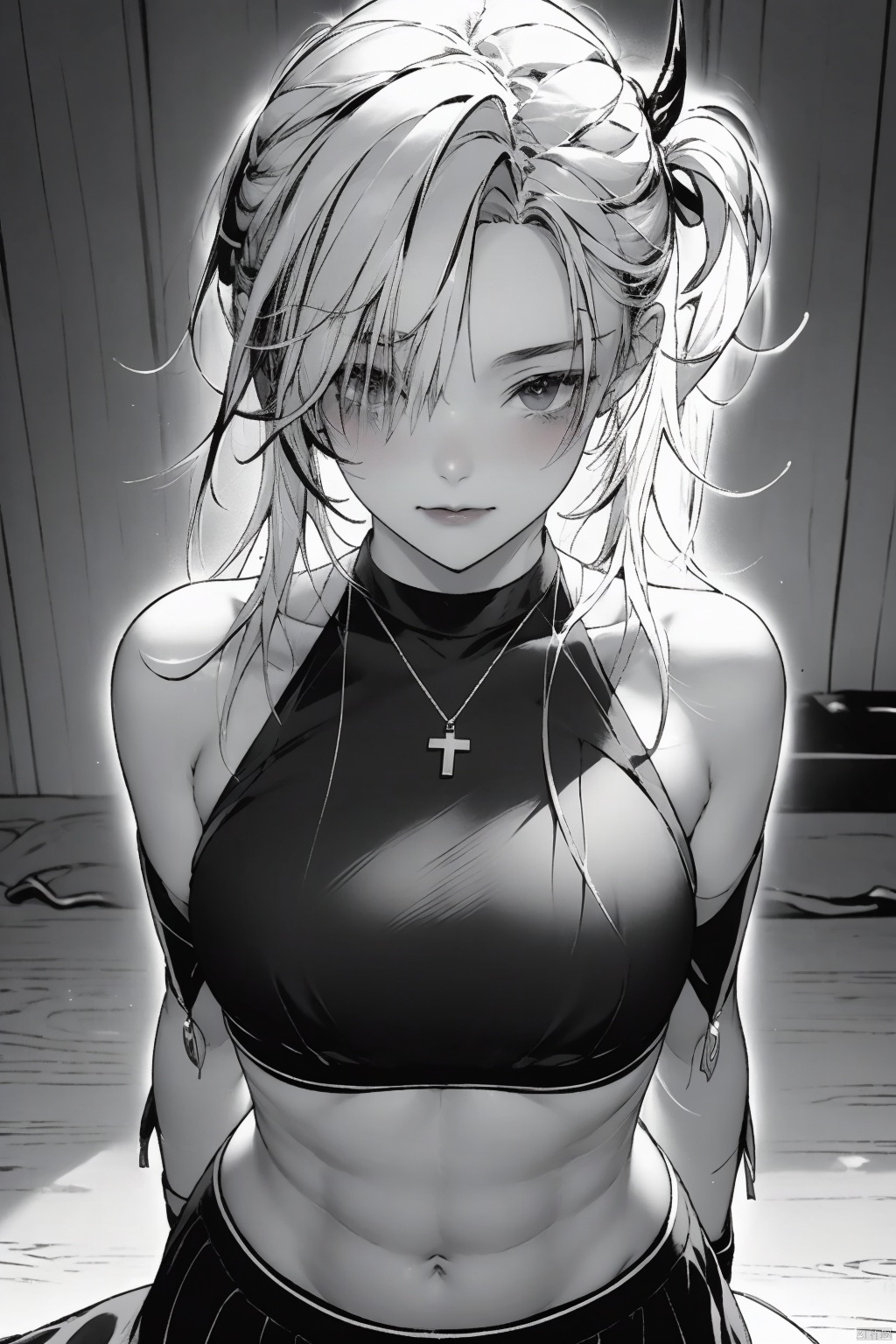1girl solo  navel bare shoulders monochrome greyscale multicolored hair horns hairclip virtual youtuber hair over one eye streaked hair