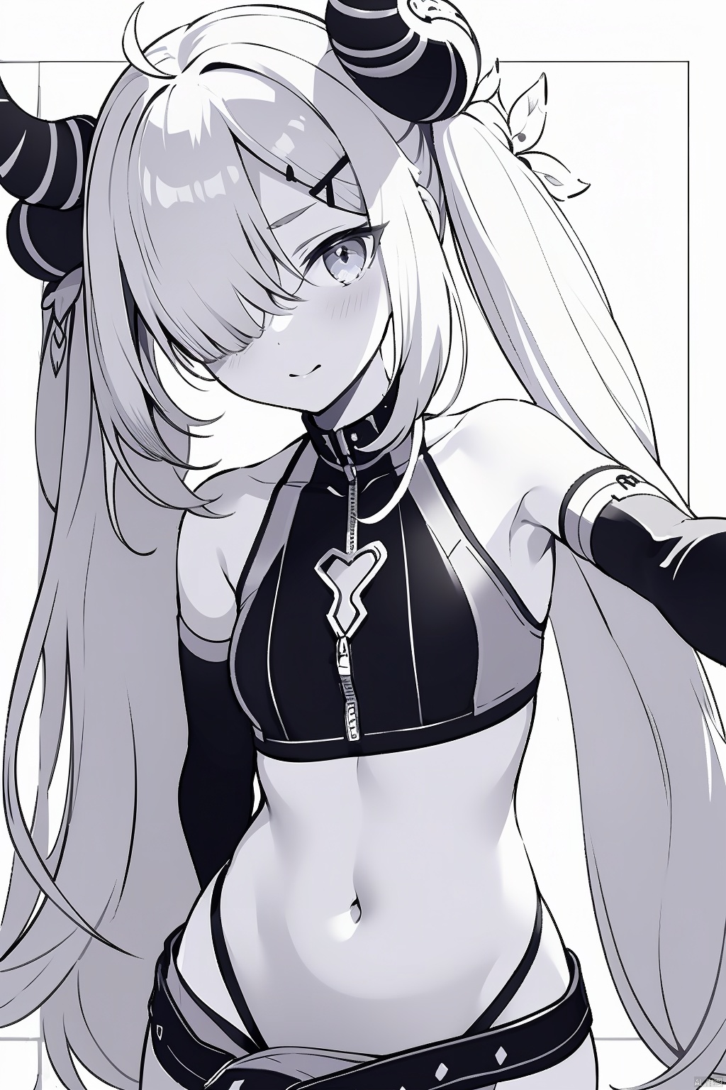1girl solo  navel bare shoulders monochrome greyscale multicolored hair horns hairclip virtual youtuber hair over one eye streaked hair