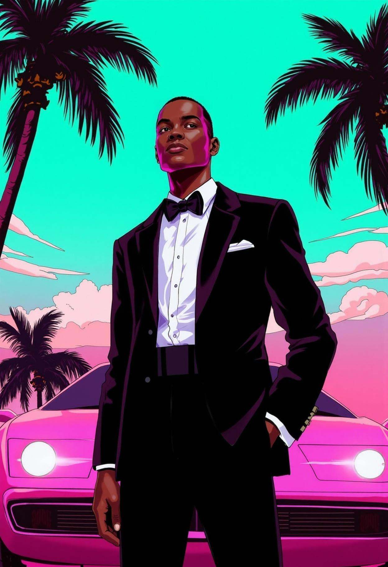 neon punk comic book style digital drawing of a black man wearing a tuxedo. standing in front of a supercar,  palm trees....