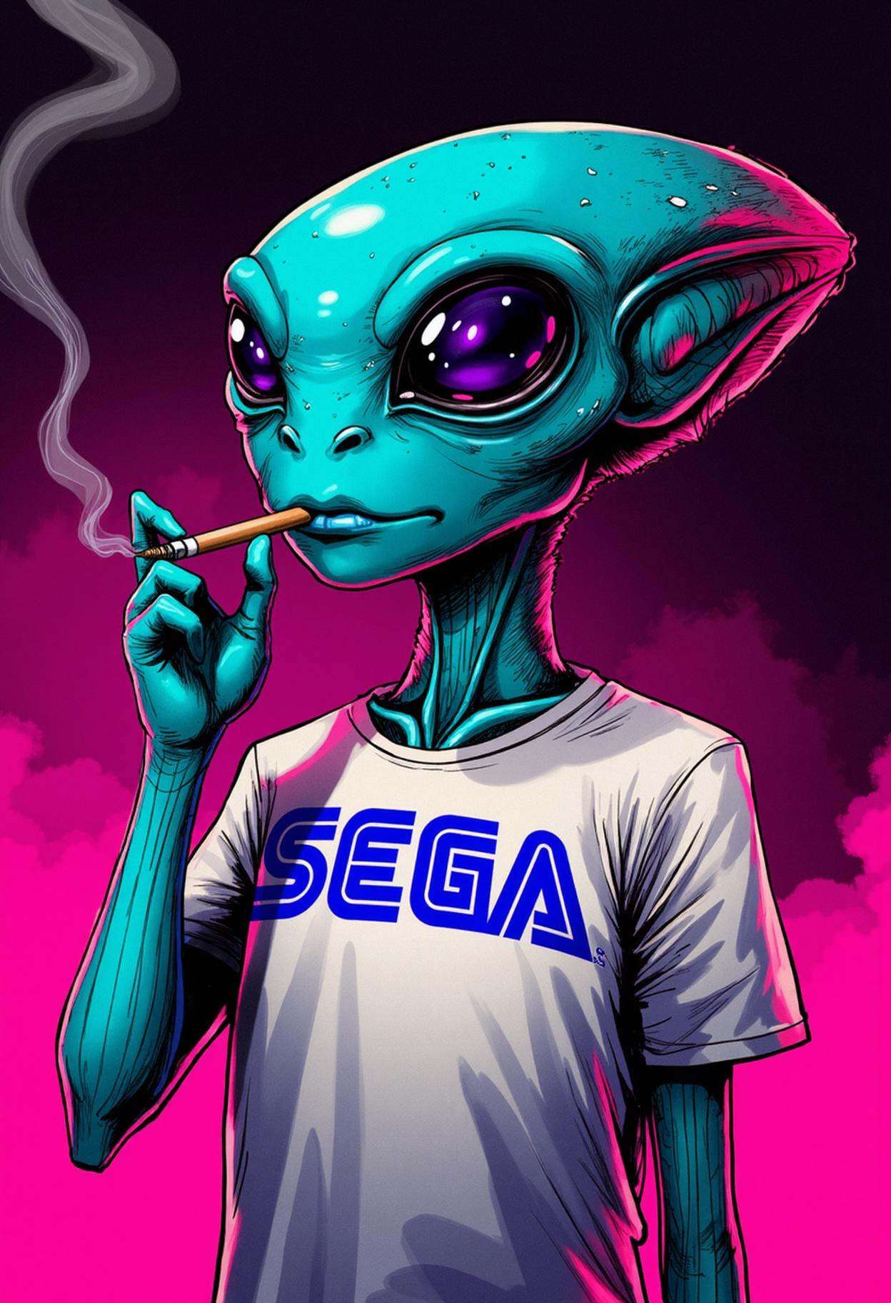 neon punk comic book style digital drawing of an alien smoking a cigarette and wearing a SEGA t-shirt. on Tensor.Art