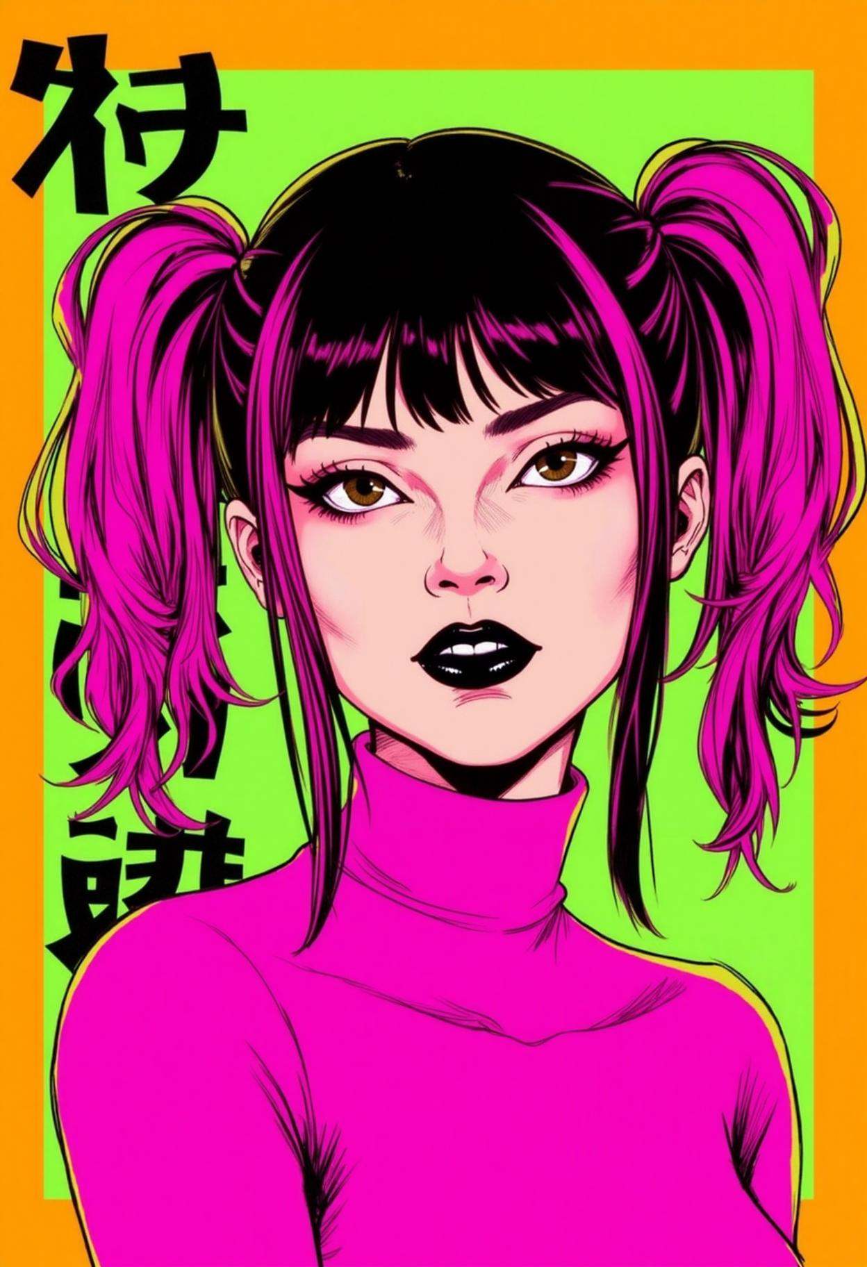 cyberpunk comic book style digital drawing of woman with neon pink pigtails,  wearing a neon pink turtleneck. orange and g...