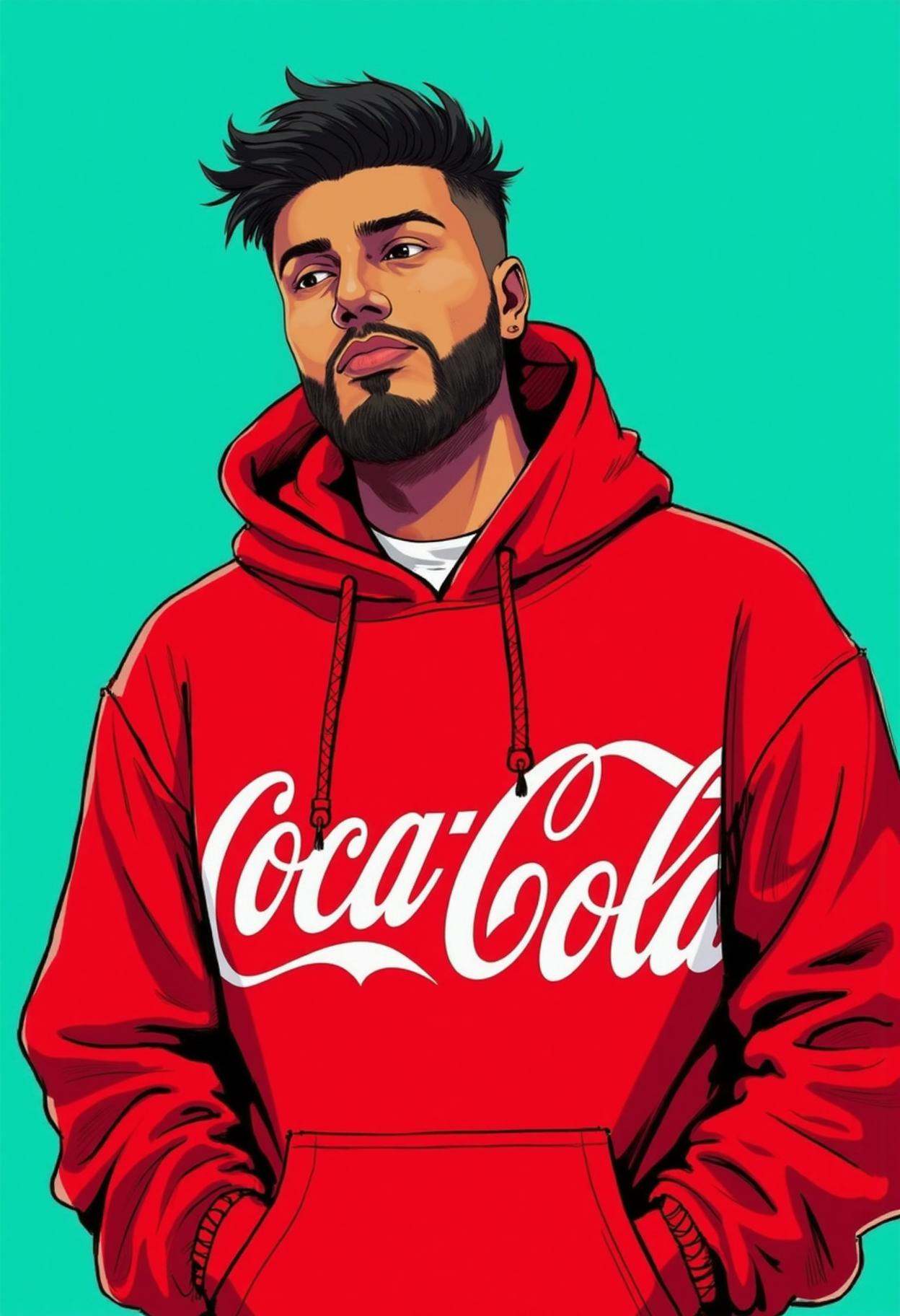 cyberpunk comic book style digital drawing of a man wearing a red Coca-Cola hoodie. teal background. on Tensor.Art