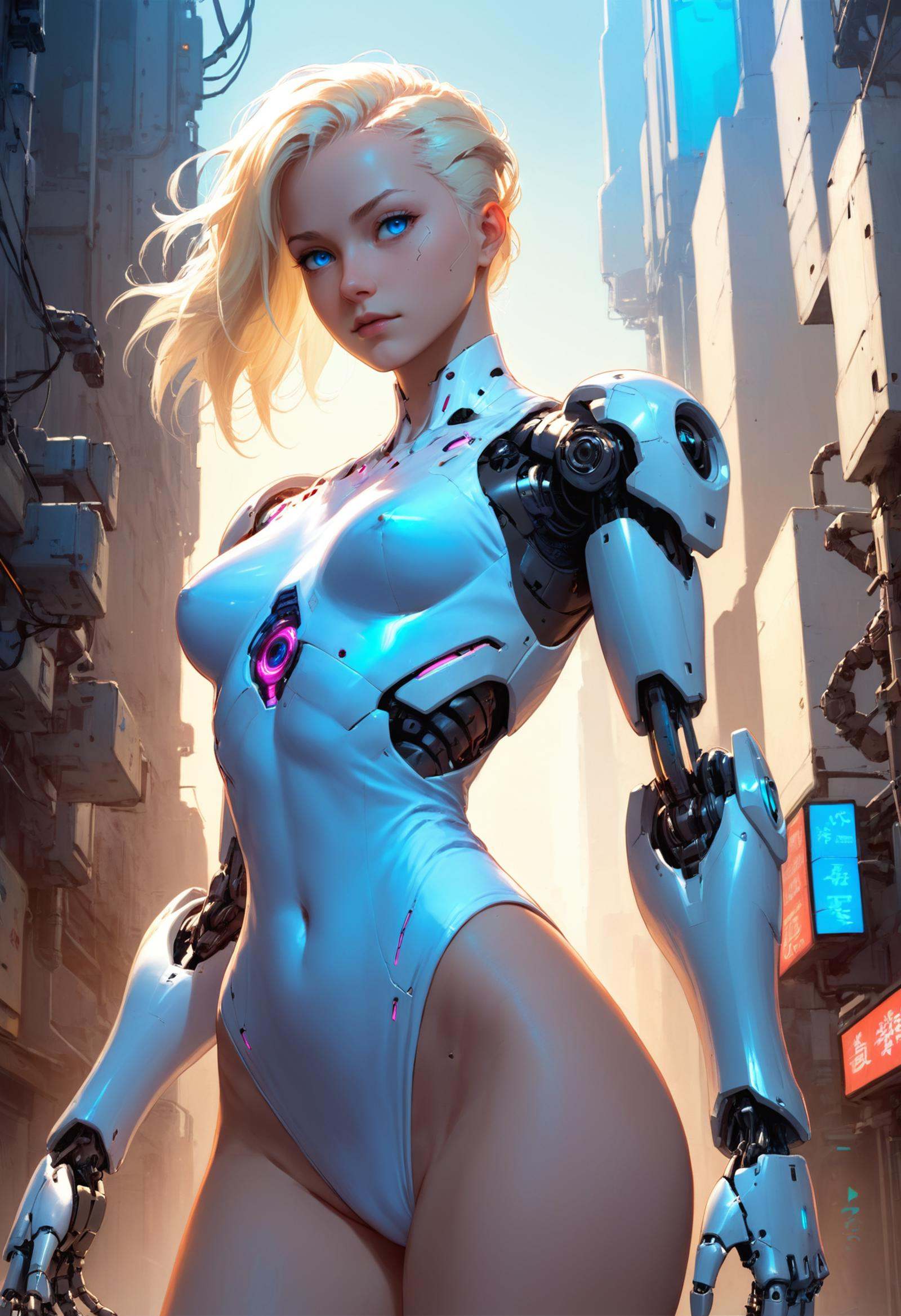 cyborg girl,  white leotard,  robotic arms on Tensor.Art