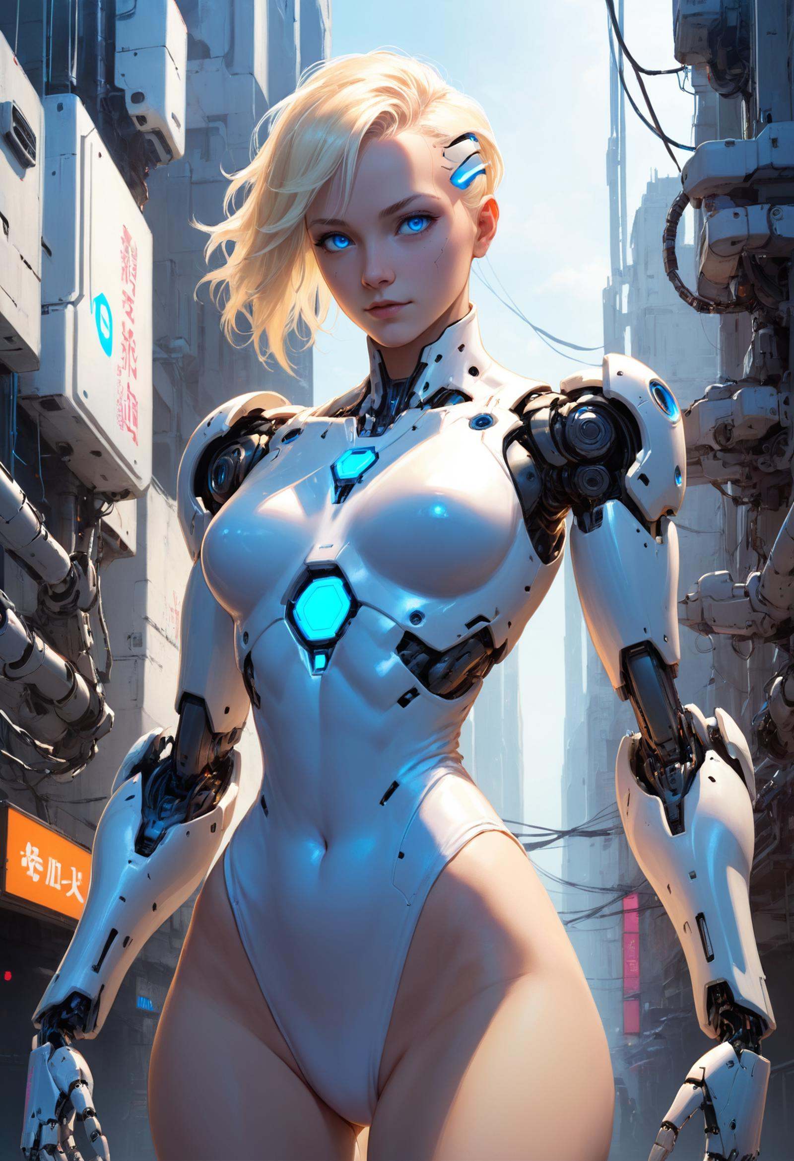 cyborg girl,  white leotard,  robotic arms on Tensor.Art