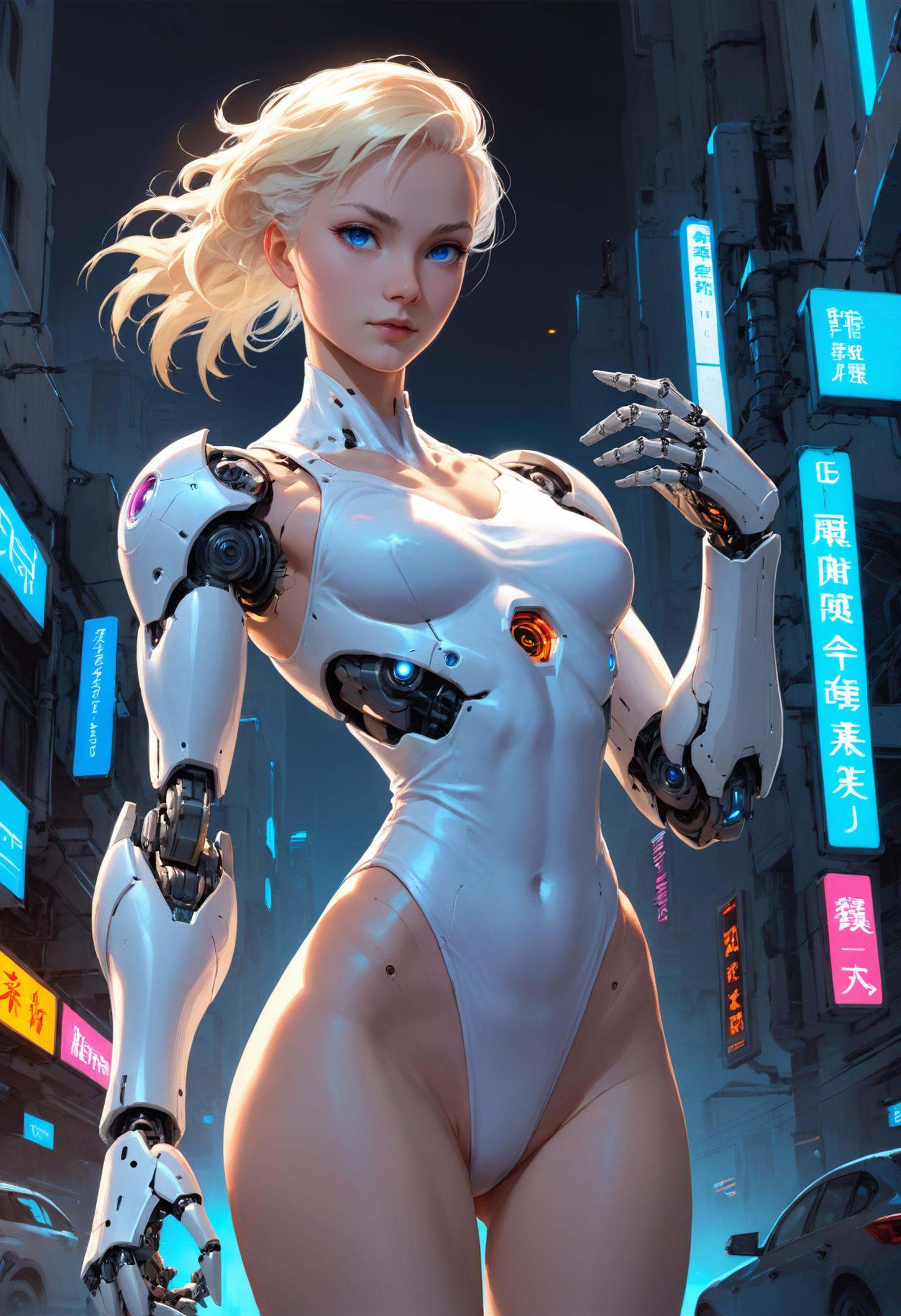 cyborg girl,  white leotard,  robotic arms on Tensor.Art