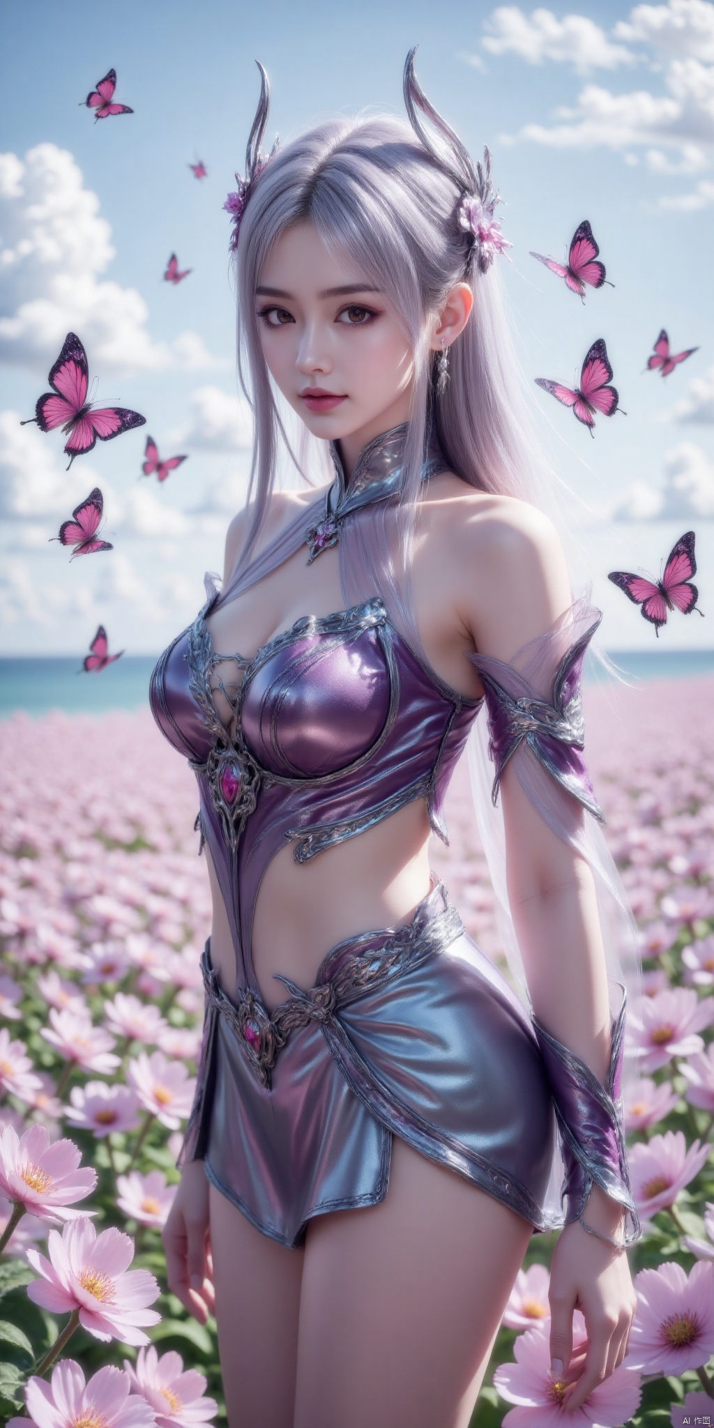 提示(masterpiece, best quality, ultra-detailed, highres, best illustration),1girl,solo,cowboy shot,looking_at_viewer, side lighting,lustrous skin,(shine),(shiny skin, cetlic elements, norse heritage),ray tracing,wind swept hair,detailed hair,detailed face,depth_of_field,very detailed background,extreme light and shadow,(detailed eyes),perfect anatomy,,dynamic angle,1girl,((sea of pink flowers,with butterflies everywhere.,fluttering butterflies in the sky,colorful auspicious clouds,)), Short top,ultra short skirt ,xiaoyixian,white hair