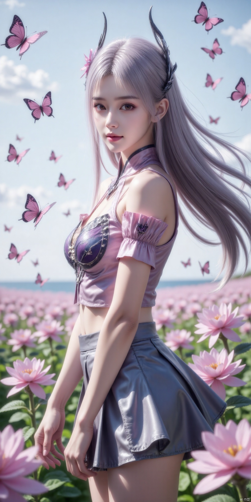 提示(masterpiece, best quality, ultra-detailed, highres, best illustration),1girl,solo,cowboy shot,looking_at_viewer, side lighting,lustrous skin,(shine),(shiny skin, cetlic elements, norse heritage),ray tracing,wind swept hair,detailed hair,detailed face,depth_of_field,very detailed background,extreme light and shadow,(detailed eyes),perfect anatomy,,dynamic angle,1girl,((sea of pink flowers,with butterflies everywhere.,fluttering butterflies in the sky,colorful auspicious clouds,)), Short top,ultra short skirt ,xiaoyixian,white hair