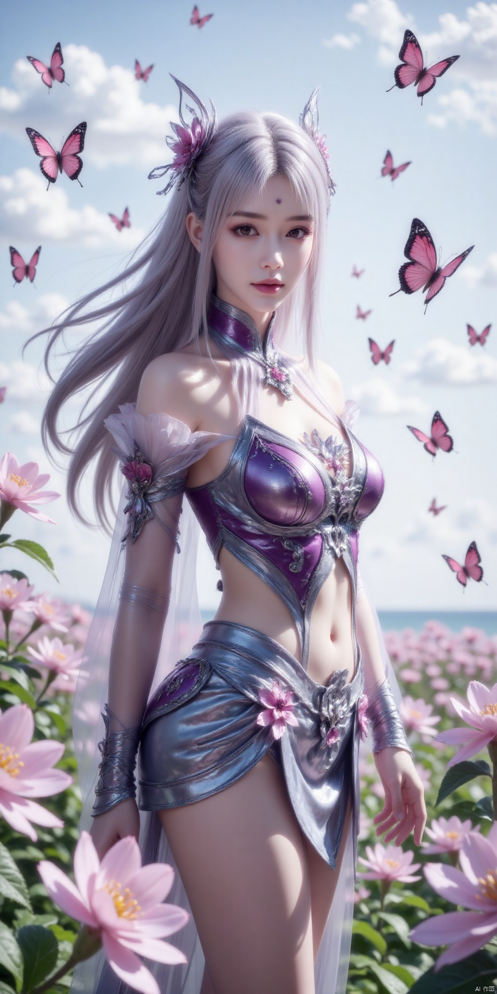 提示(masterpiece, best quality, ultra-detailed, highres, best illustration),1girl,solo,cowboy shot,looking_at_viewer, side lighting,lustrous skin,(shine),(shiny skin, cetlic elements, norse heritage),ray tracing,wind swept hair,detailed hair,detailed face,depth_of_field,very detailed background,extreme light and shadow,(detailed eyes),perfect anatomy,,dynamic angle,1girl,((sea of pink flowers,with butterflies everywhere.,fluttering butterflies in the sky,colorful auspicious clouds,)), Short top,ultra short skirt ,xiaoyixian,white hair
