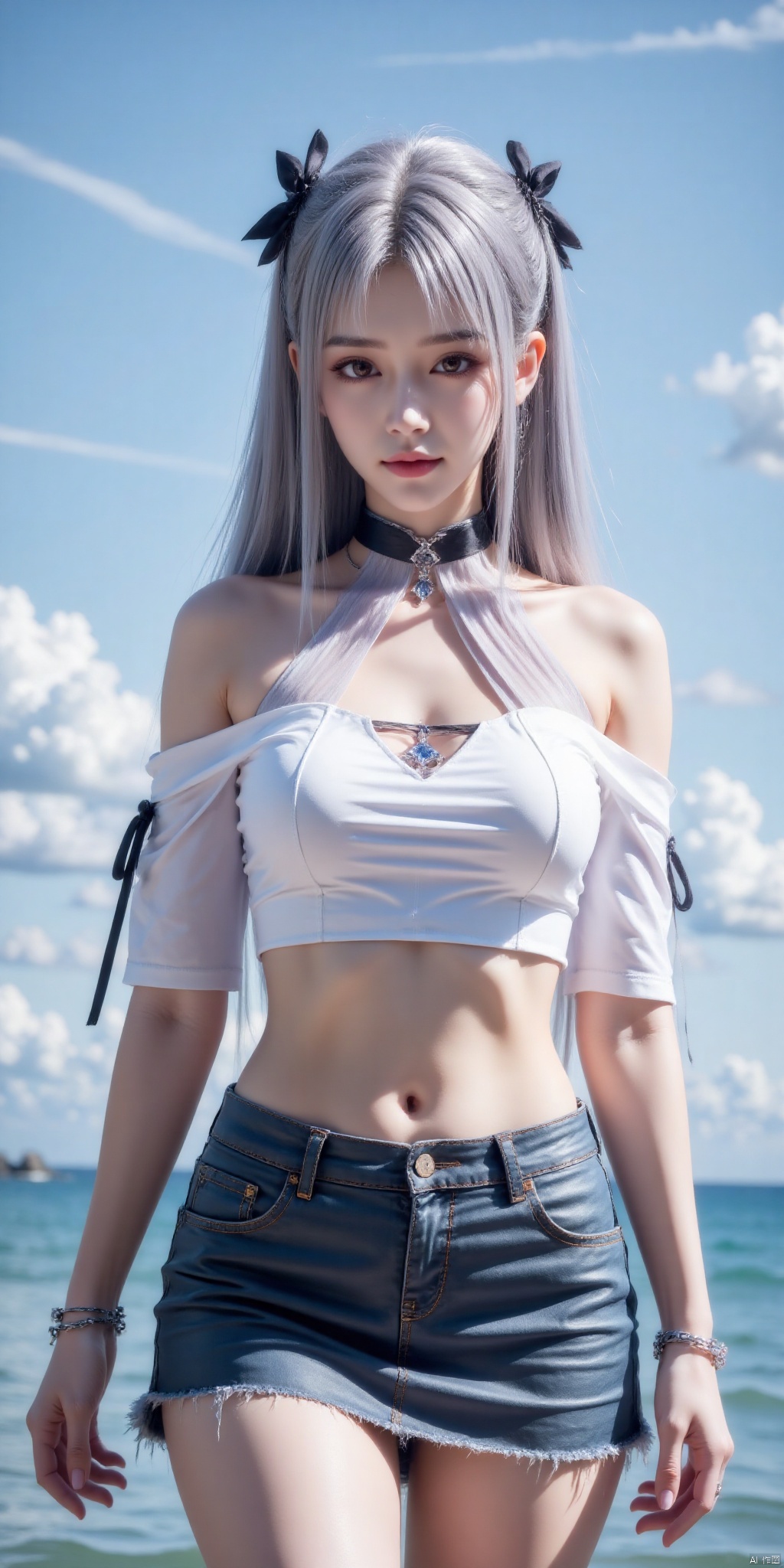 ,(Good structure), DSLR Quality,Short skirt,Blue sky, white clouds, ocean,((Surf)), nai3, 1girl, solo, crop top, , choker, navel, shirt, midriff, crop top overhang, looking at viewer, white shirt, jewelry, breasts, bare shoulders, off-shoulder shirt, off shoulder, black choker, thighs, stomach, long hair, bracelet, short sleeves, ribbon, hand up, collarbone, hair ribbon, medium breasts, , bra strap, , hair ornament, thigh gap, necklace, expressionless, , ,,xiaoyixian,white_hair