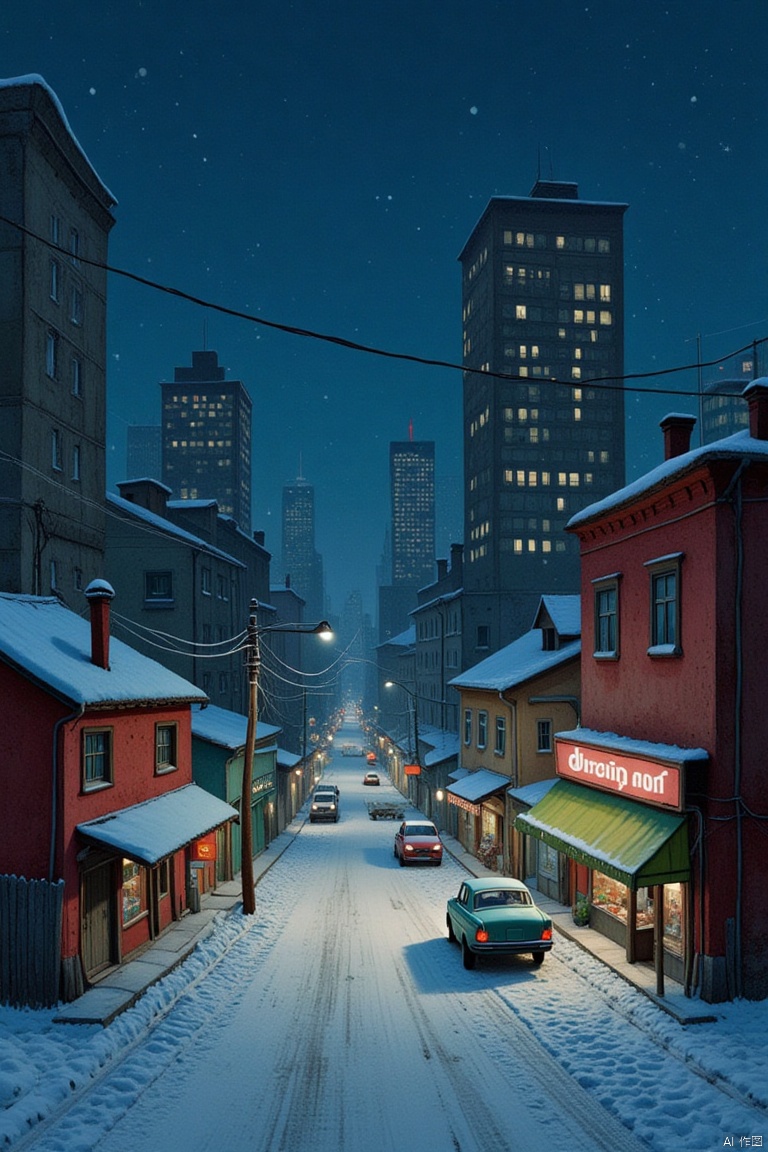 An eye-level view of a city at night. The city is filled with tall buildings. The buildings are covered in snow. The sky is a deep blue with a few white dots dotting the sky. The ground is covered with snow. There are a few cars parked on the side of the road. There is a green car parked in the middle of the street. The car is parked in front of a red building. The red building has a green awning over it.