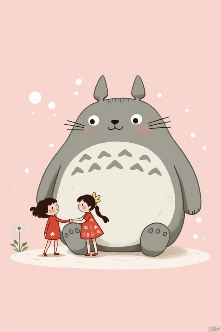 An animated image of two little girls holding hands with a large gray cat. The cat is facing to the right and has a flower on its head. The girl on the left is wearing a red dress with white flowers on it, while the girl in the red dress is on the right. The background is a light pink with white polka dots on it.