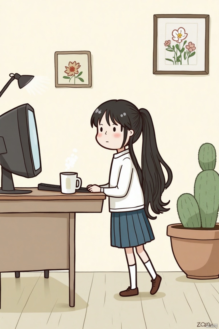 A cartoon drawing of a girl with long black hair in a ponytail is standing in front of a brown desk. She is wearing a white long sleeve shirt and a blue skirt. The desk has a black computer monitor on it, a black keyboard and a black lamp on it. There is a brown cabinet on the left side of the desk with a white coffee mug on top of it. To the right of the girl is a large brown pot with a cactus in it. Above the desk are two framed pictures hanging on the wall.