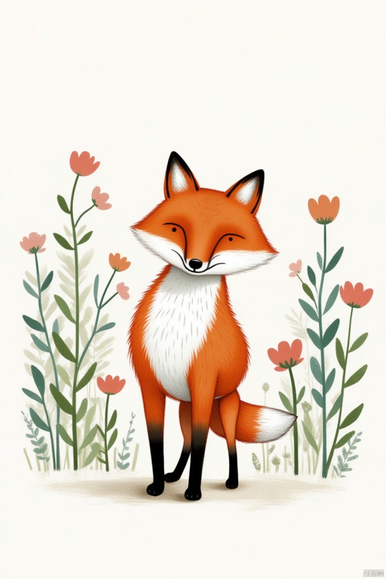 A medium-sized painting of a fox stands in front of a backdrop of flowers. The fox's fur is a vibrant orange, with a white chest and a black nose. Its ears are black, and the fox's tail is a lighter shade of orange. The background is a stark white, and there are green leaves and stems on either side of the fox, adding a touch of nature to the scene.