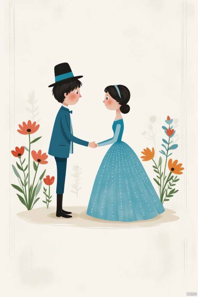 a cartoon depiction of a woman and a boy, both dressed in a blue dress, are holding hands with each other. The boy, dressed in blue, is wearing a blue suit with a black tie and black boots. He is also wearing a black hat with a blue ribbon around the neck. The woman, wearing a long blue dress with white dots on it, is also holding the boy's hand. The background, a white wall, is adorned with a variety of flowers, including red, orange, and blue. To the right of the woman, there is a plant with green leaves and stems.