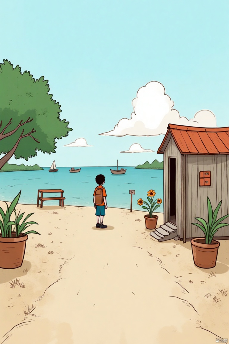 A cartoon drawing of a boy standing on a dirt path in front of a small wooden shack with a red roof. The boy is wearing a brown backpack, blue shorts, and black shoes. There is a tree on the left side of the image and a potted plant on the right. There are small boats in the water in the background. The sky is a light blue color and there are fluffy white clouds in the air.